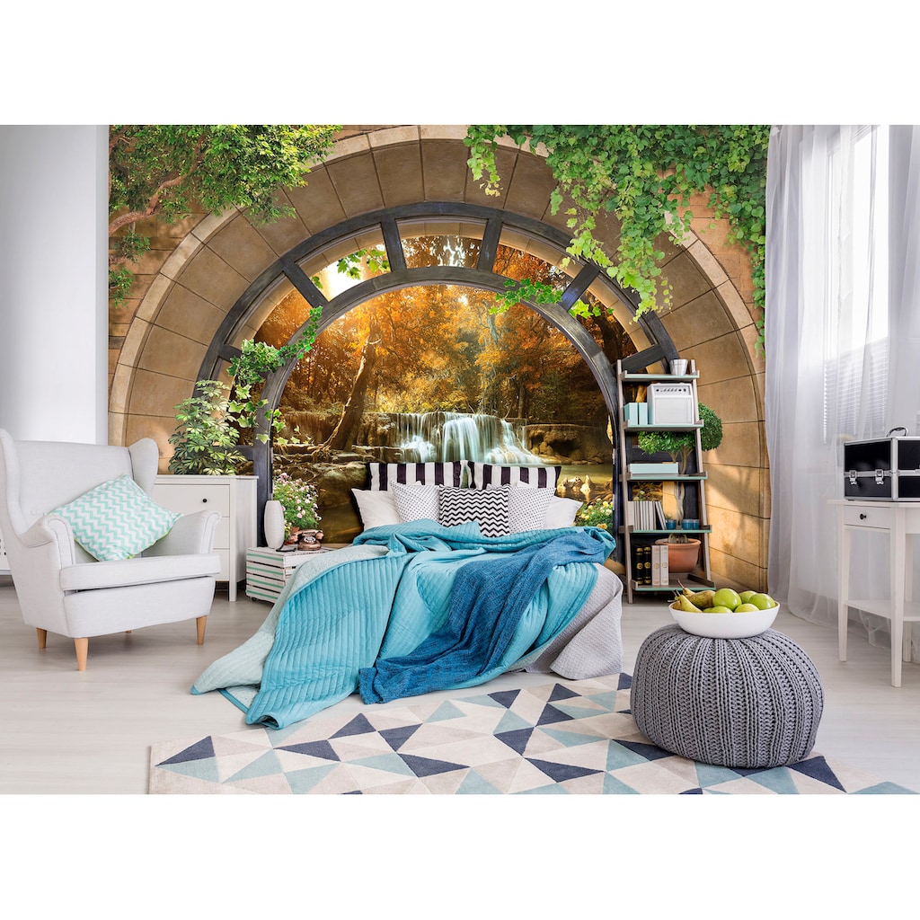 Consalnet Fototapete »3D Wasserfall«, Motiv, Fenster zum Wald, für Wohnzimmer oder Schlafzimmer
