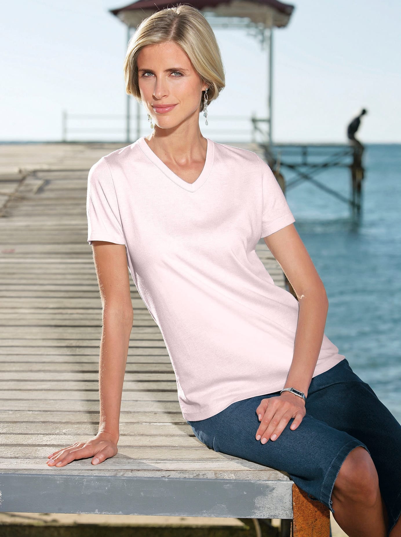 Kurzarmshirt CLASSIC BASICS "Shirt", Damen, Gr. 48, rosa (rosé), 100% Baumwolle, unifarben, V-Ausschnitt, Shirts
