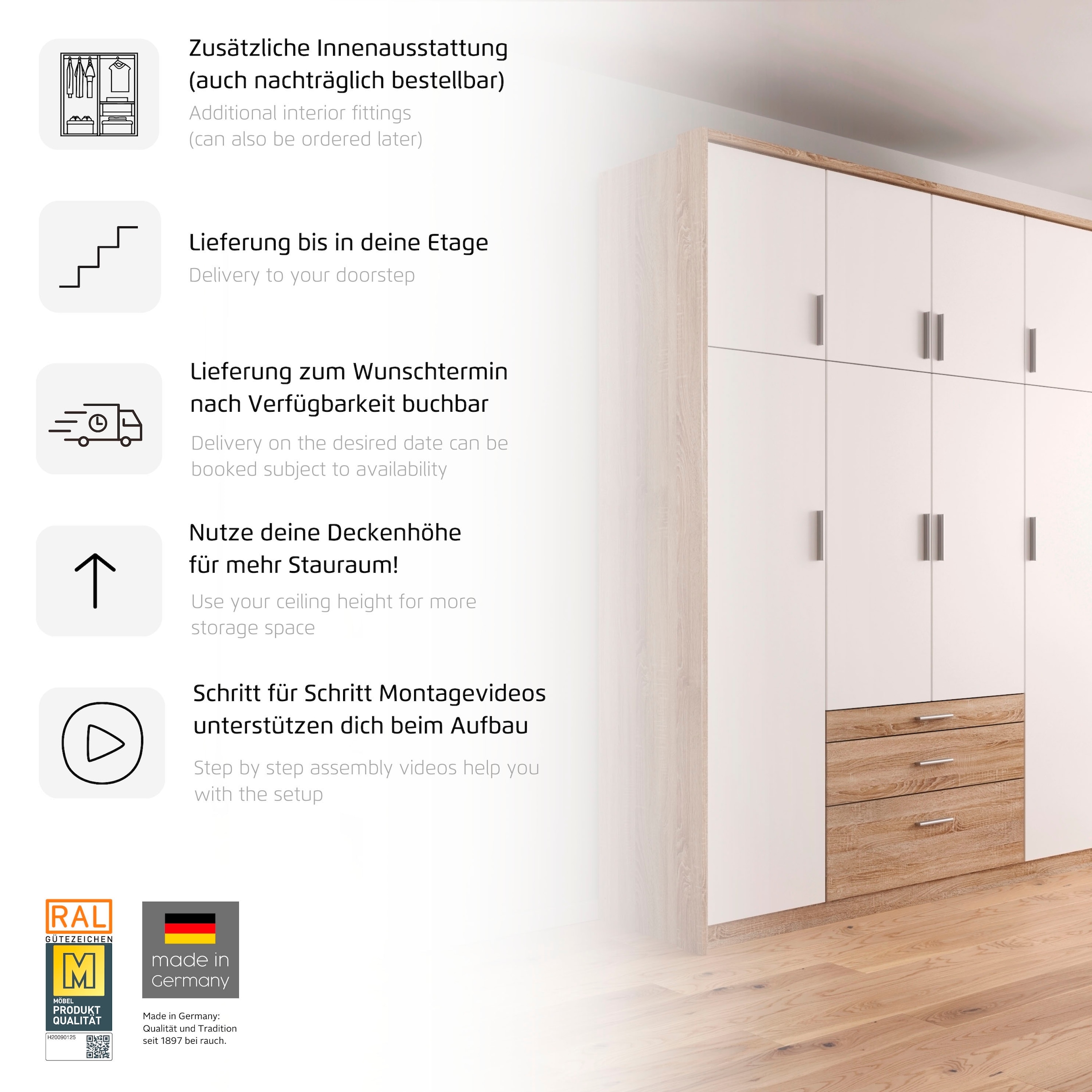 rauch Kleiderschrank »Schrank Drehtürenschrank Garderobe Ankleide Schlafzimmer HILDESHEIM« Breiten: 185/275 cm, Höhe 231 cm,  oberste Schublade mit praktischer Facheinteilung MADE IN GERMANY