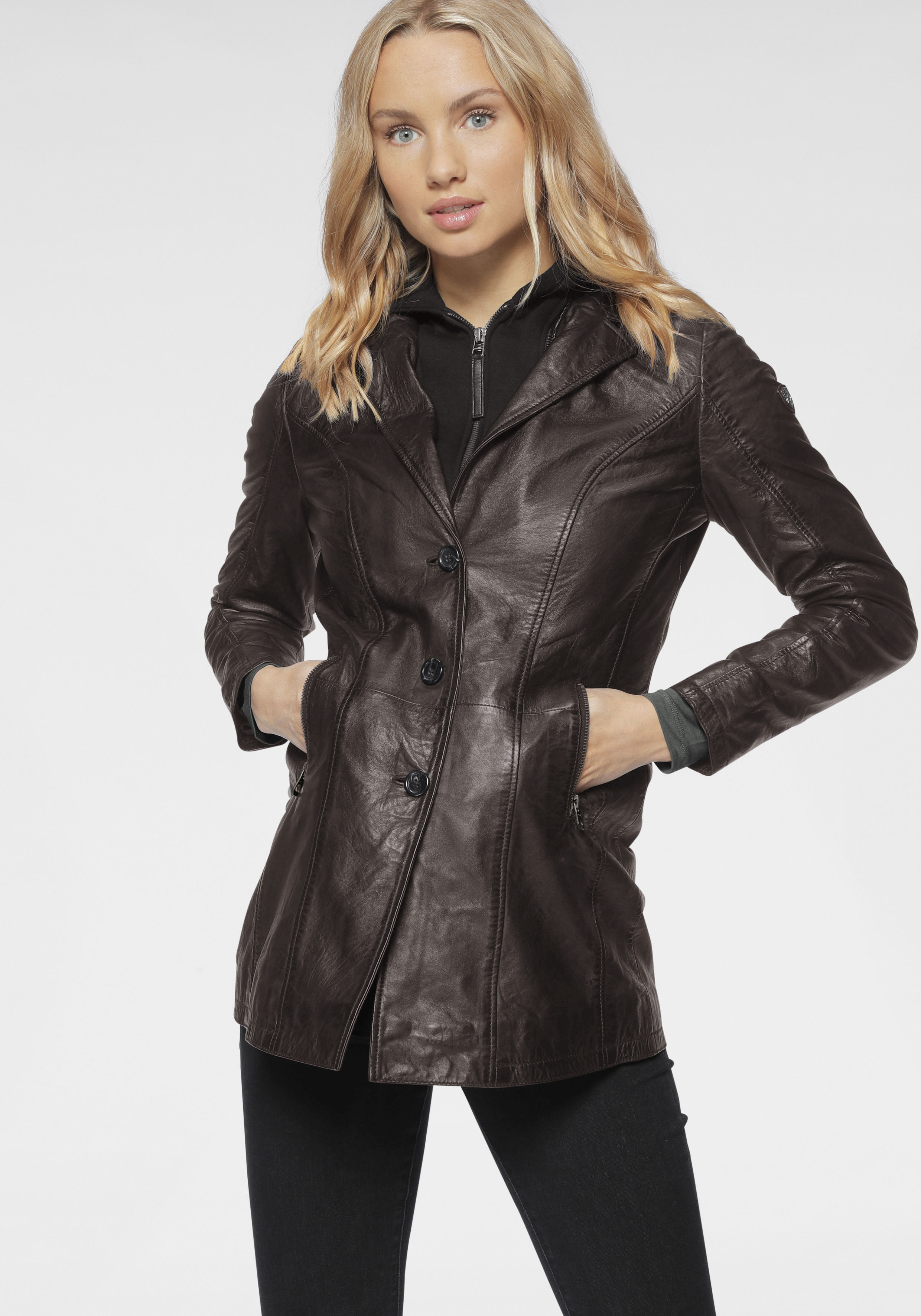 Lederjacke »CLEEO«, mit Kapuze, stylischer hochwertiger Longblazer im Two-in-One-Look