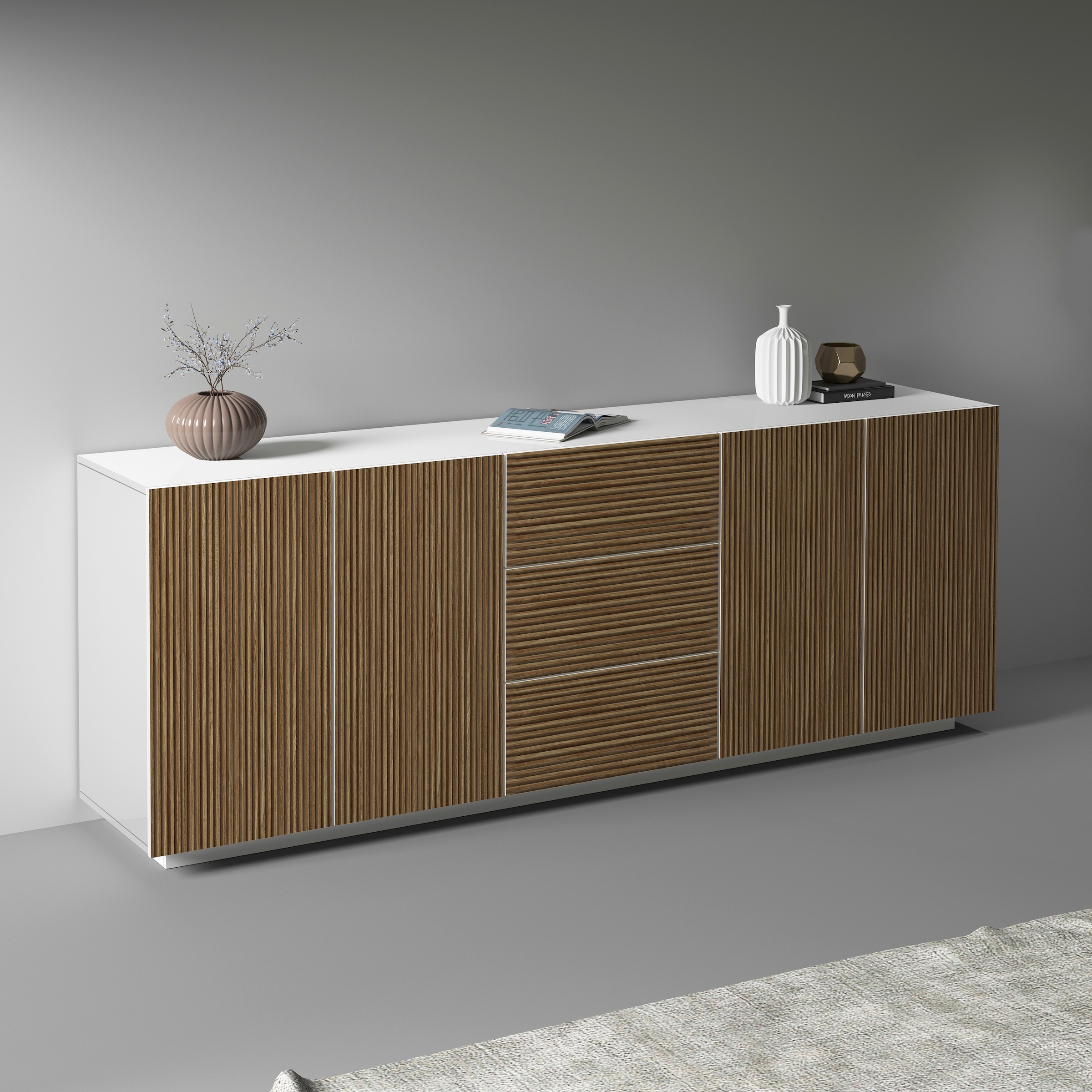 INOSIGN Sideboard »Vega Sideboard,Kommode,220 cm«, mit 4 Türen und 3 Schubladen,Fronten mit Rillen-Optik