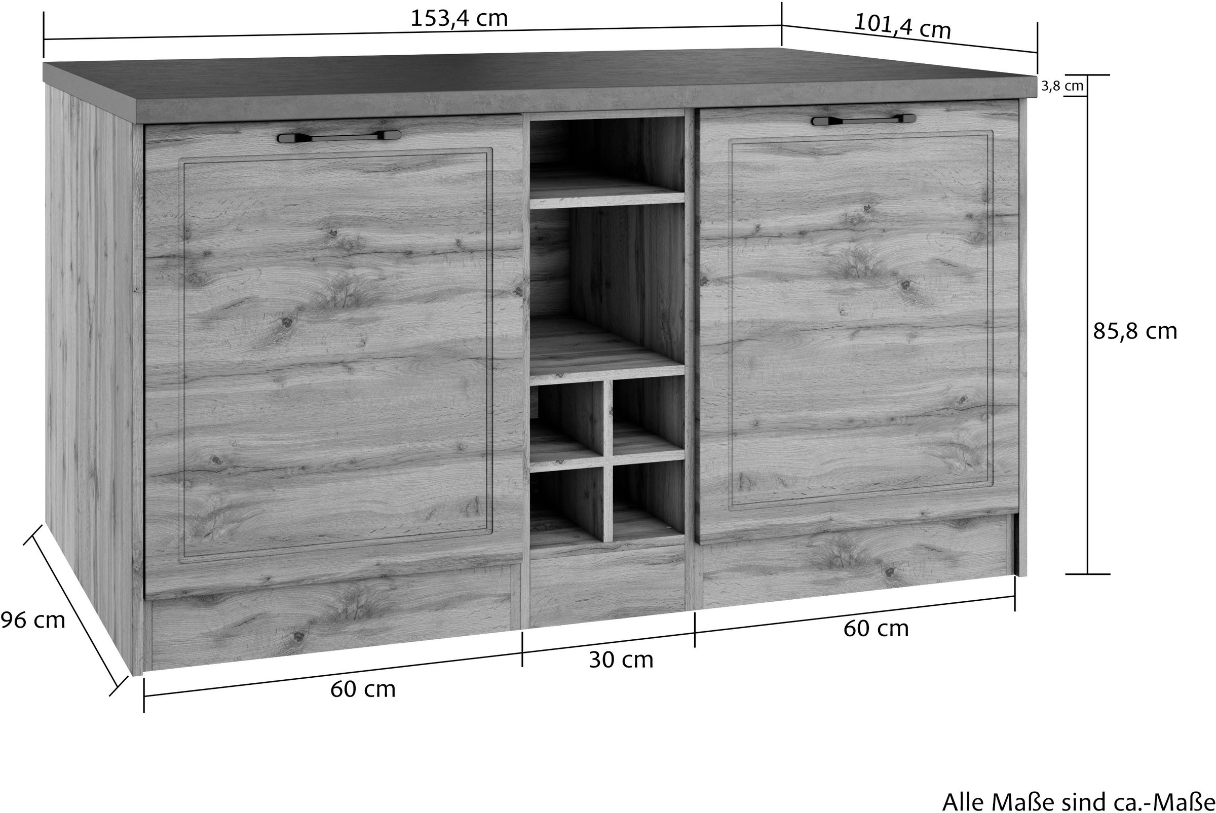 KOCHSTATION Kücheninsel »KS-Lani, Breite 153 cm, mit Flaschenregal«, MDF-Fronten, Arbeitsplatte 38mm stark