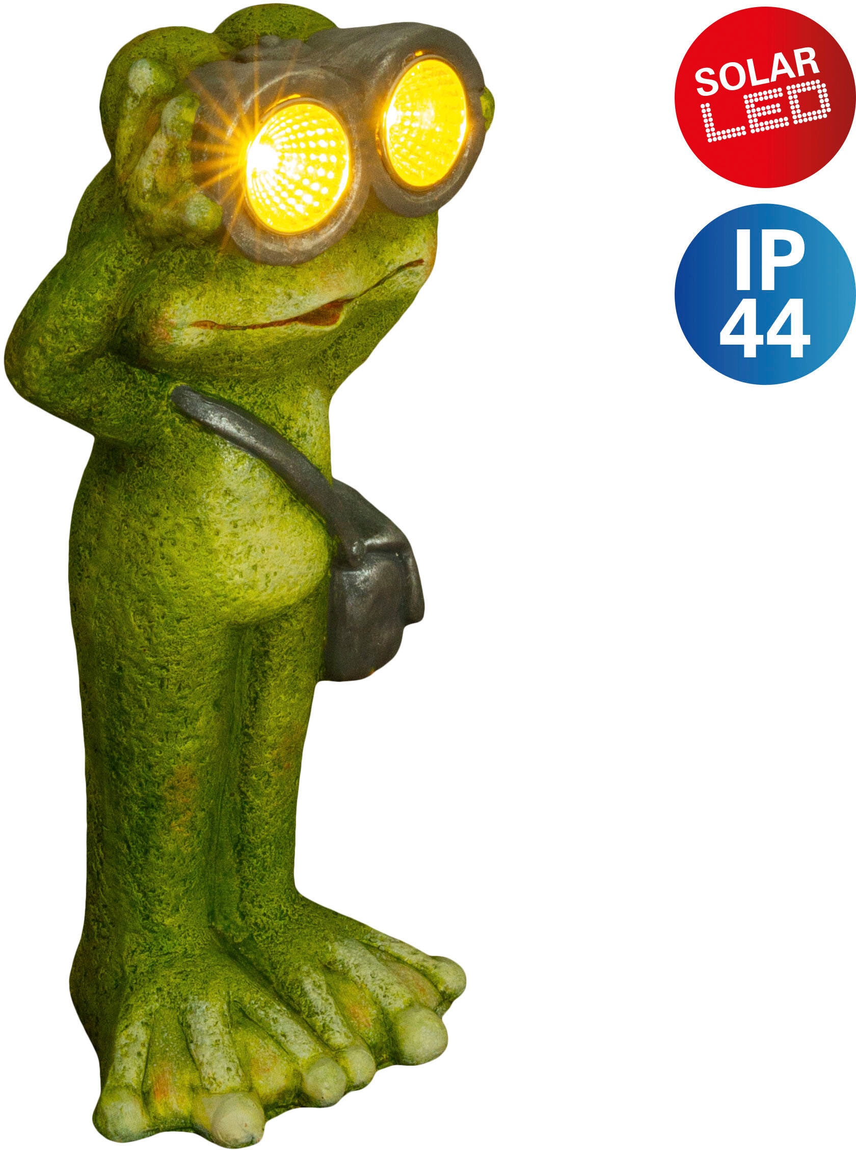 näve LED Solarleuchte "Frosch", 1 flammig, stehender Frosch mit Fernglas und Umhängetasche, Keramik, inkl. Akku