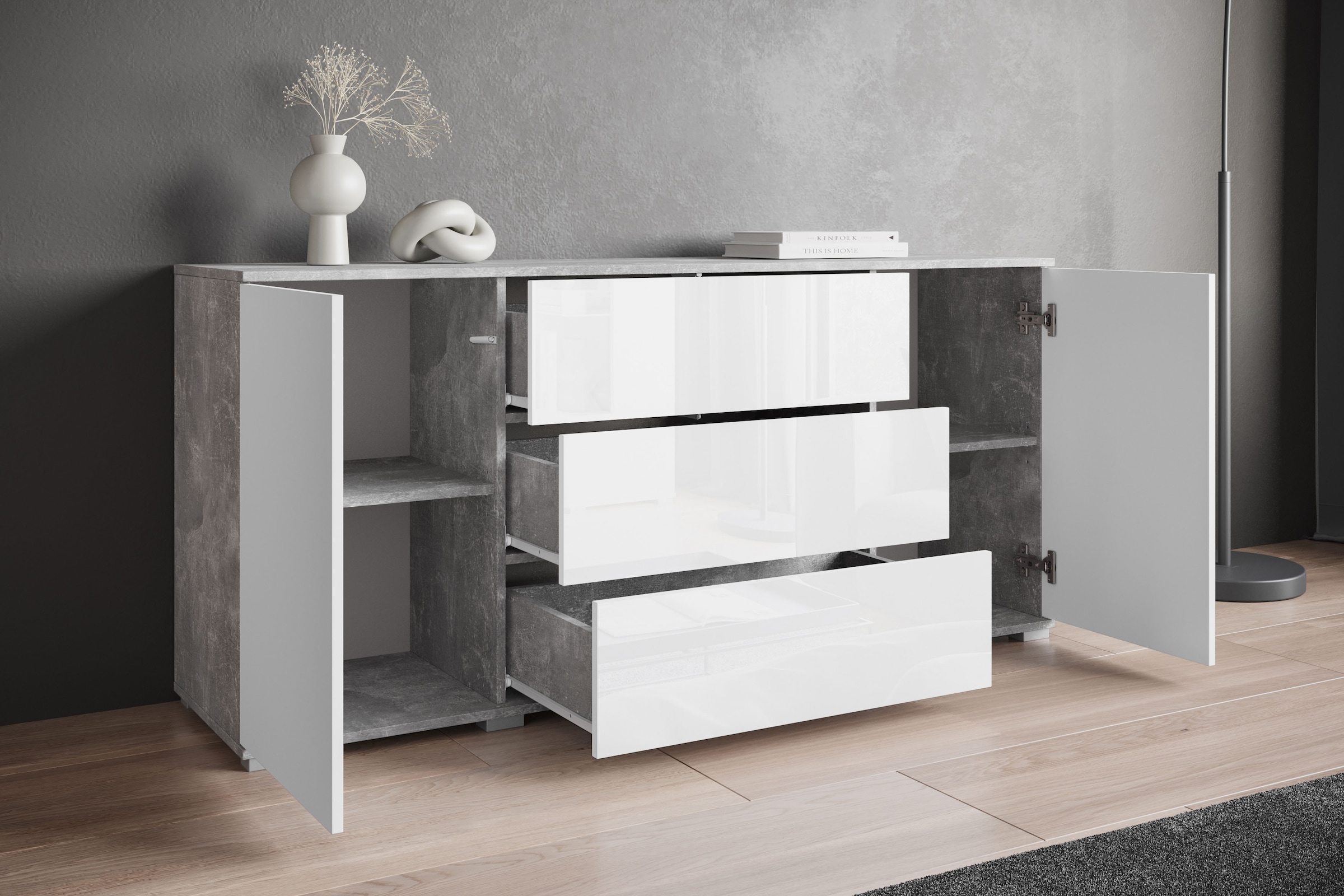 INOSIGN Sideboard »Kenia«, (1 St.), Modernes Sideboard mit 3 Schubladen und 4 Fächern, Breite 150 cm