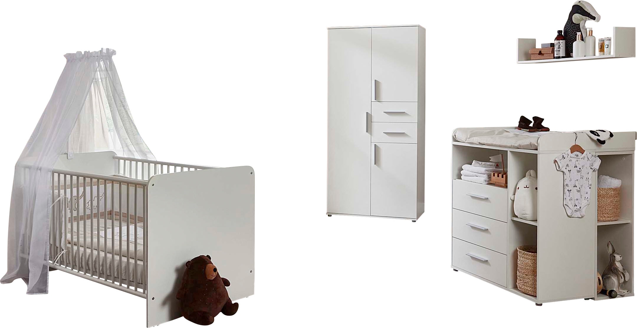 BMG Möbel Babyzimmer-Komplettset "Lea", (Set, 6 tlg., Bett, Wickelkommode, Unterbauregale, Schrank, Wandboard), Bett + W