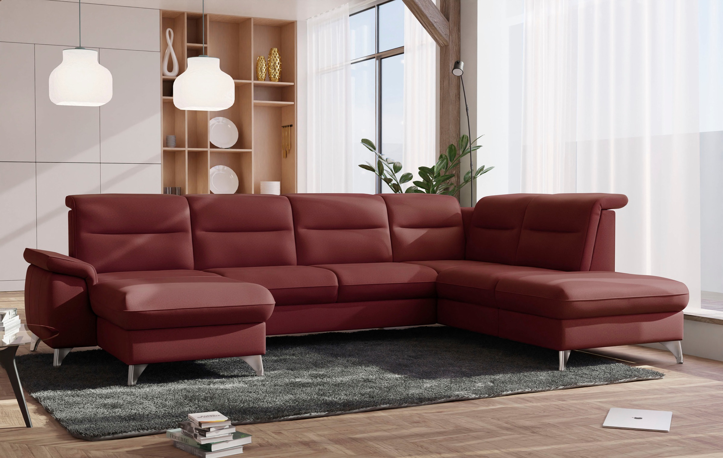 Wohnlandschaft SIT & MORE "Astoria U-Form", rot (bordeaux), B:327cm H:91cm T:225cm, 100% Polyester, Sofas, Wohnlandschaft, wahlweise mit motorischer Relaxfunktion 10