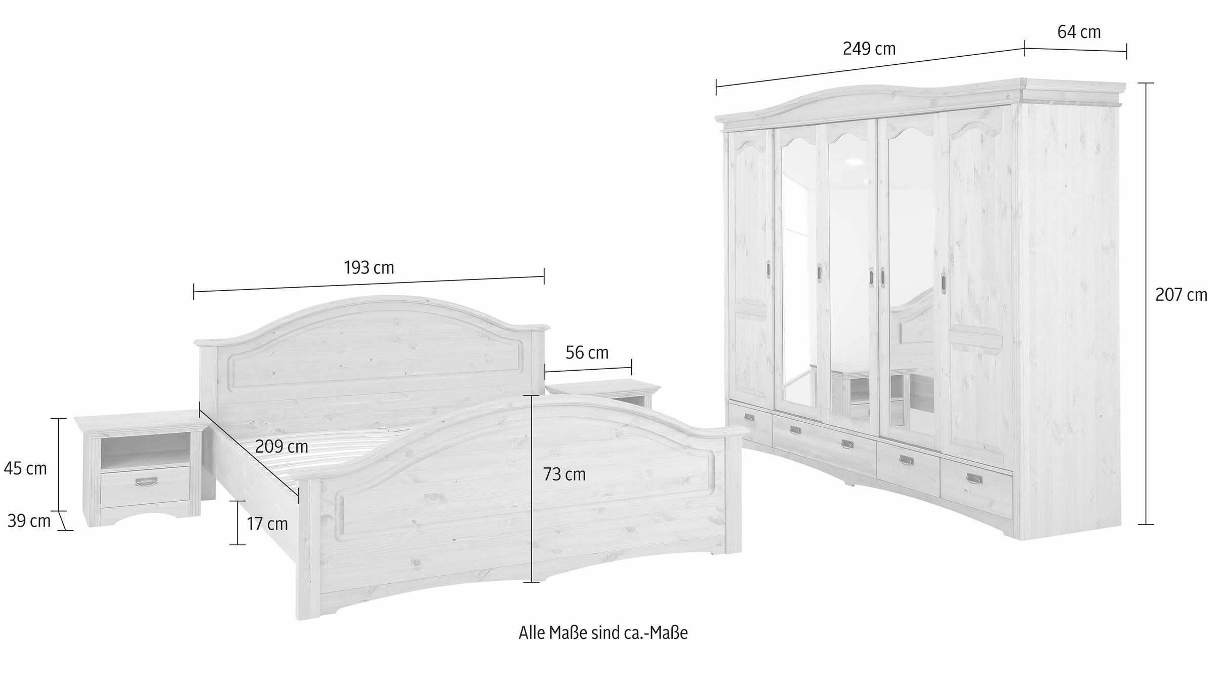 Home affaire Schlafzimmer-Set »"Konrad", komplettes Schlafzimmer mit großem Schrank«, (Set, 4 tlg., Kleiderschrank 5 türig mit Schubladen, 2 Nachttische, Bett 180x200cm), klassischer Landhausstil, Metallgriffe, Massivholz (Kiefer)