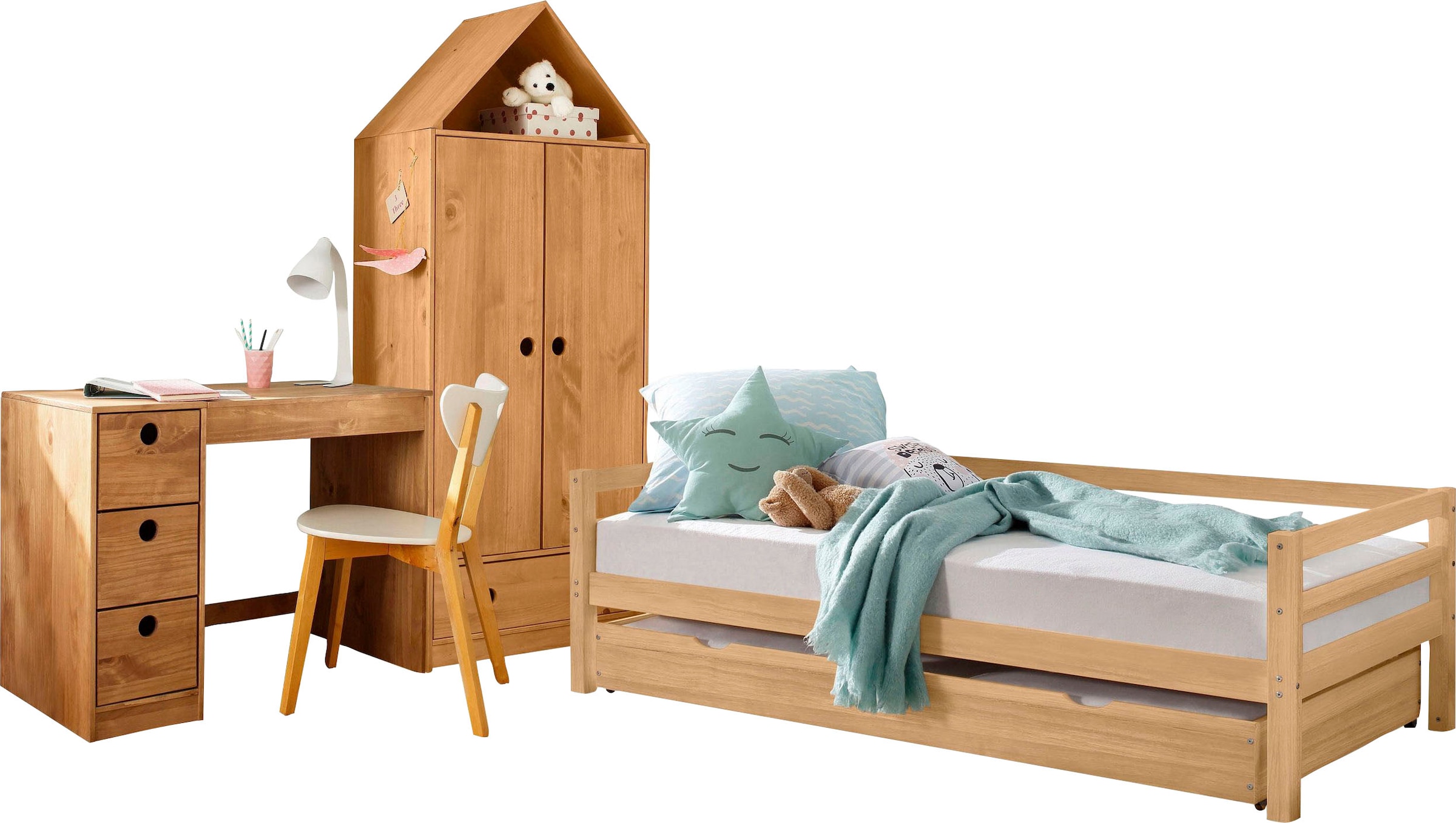 Lüttenhütt Jugendzimmer-Set »Alpi«, (Spar-Set, 3 St.), Daybed, Schreibtisch mit Stauraum und Kleiderschrank in Hausoptik