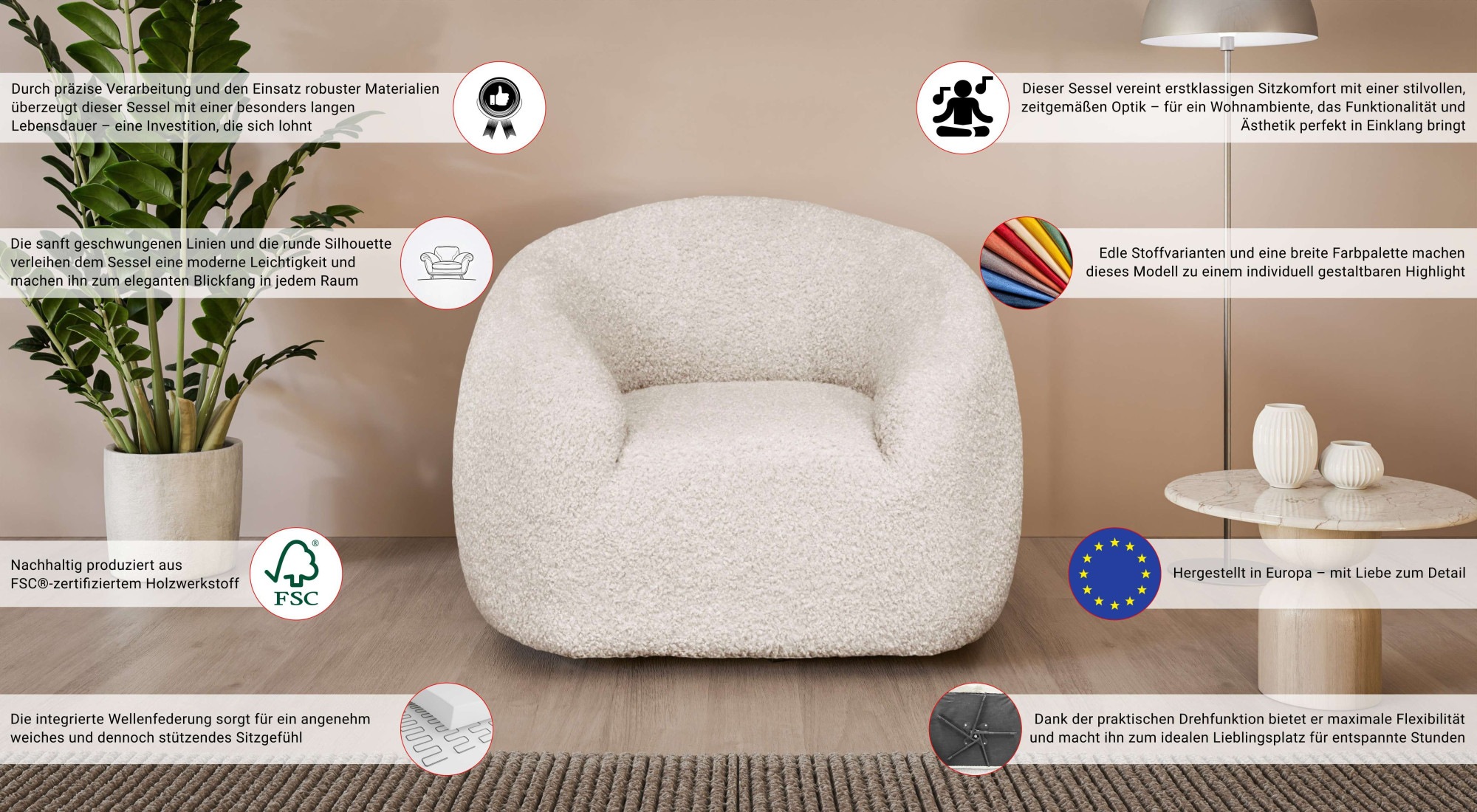 LeGer Home by Lena Gercke Drehsessel »YANI Relaxsessel, Loungesessel, Maße B/T/H: 119/98/82 cm«, organische Form, mit Wellenunterfederung, auch in Bouclé