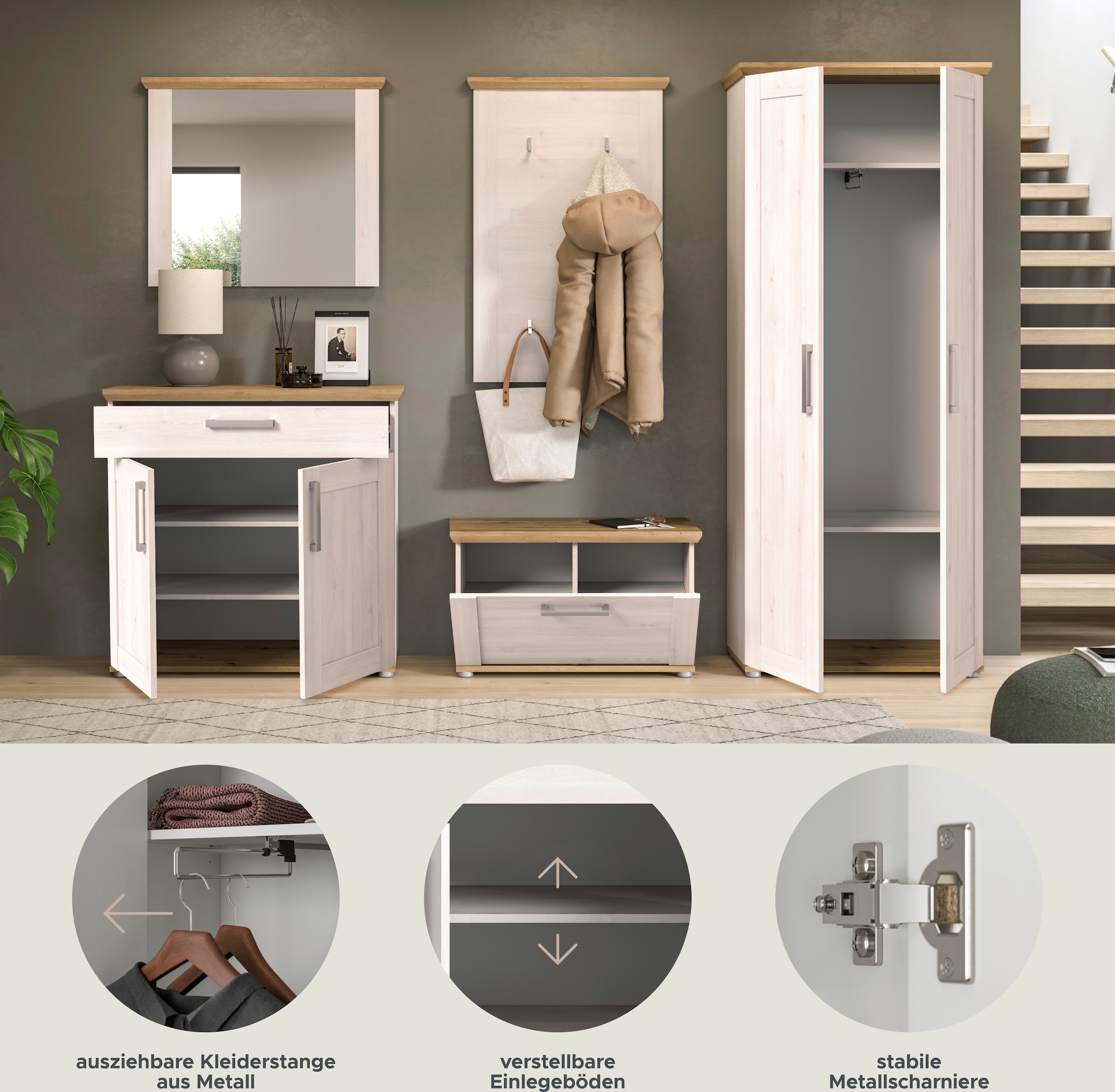 Home affaire Garderoben-Set »Cosenza, Breite ca. 285 cm, 2-farbig, 5-teilig, bestehend aus:«, (5 St.), Garderobenschrank, Sitzbank, Garderobenpaneel, Schuhschrank, Spiegel