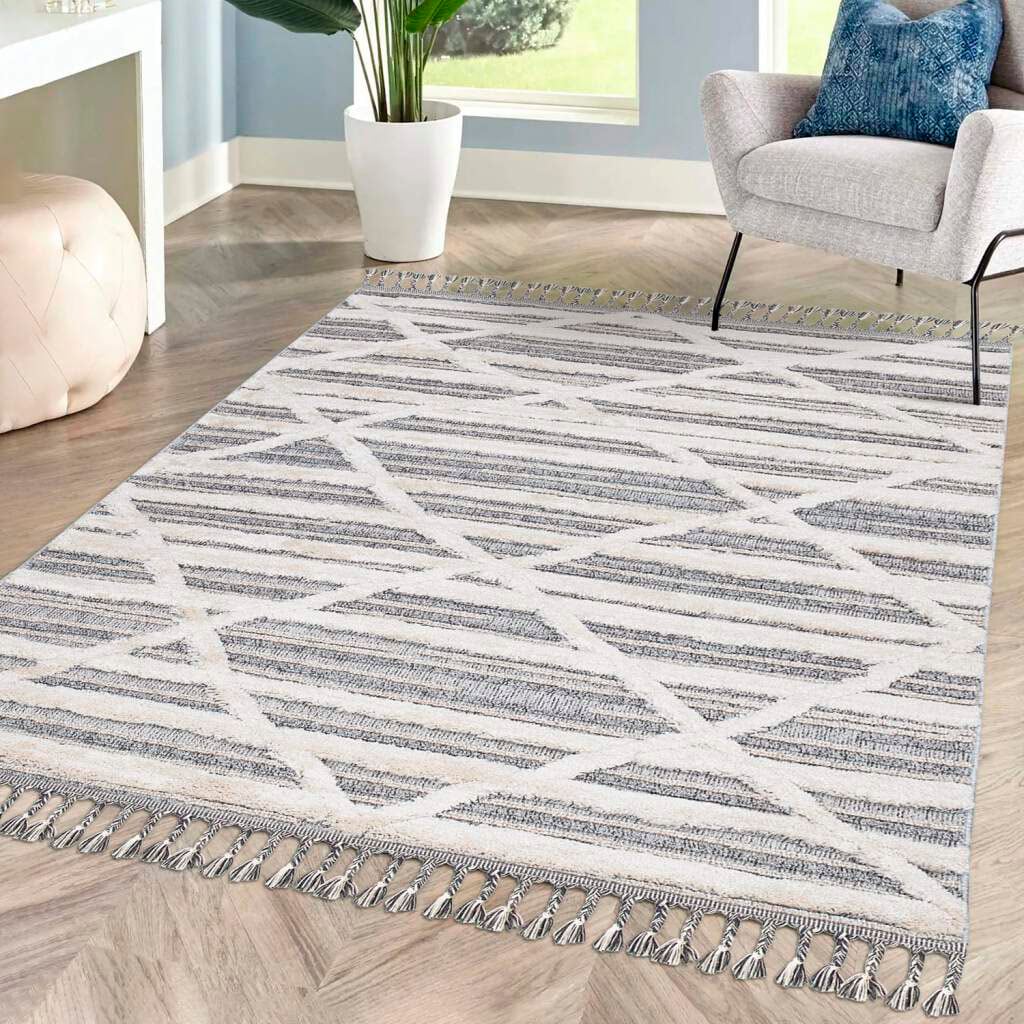 Carpet City Hochflor-Teppich »Valencia 810«, rechteckig, 20 mm Höhe, Läufer, Boho-Stil, 3D-Effekt, Raute, Hoch-Tief-Struktur, mit Fransen