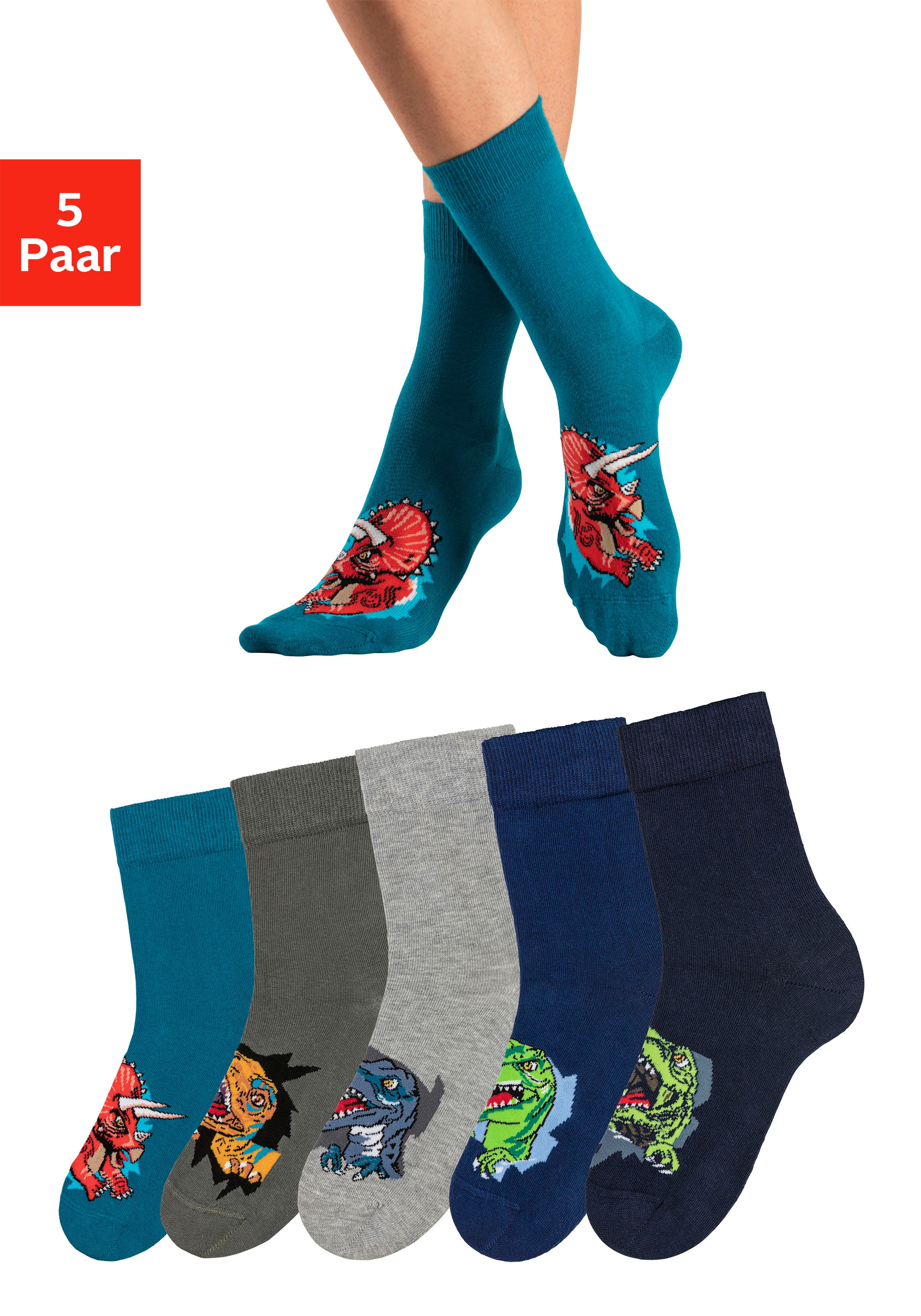 H.I.S Socken "Kinder und Jugendliche Motivsocken" Packung, 5 Paar tlg. mit Dinosauriermotiven
