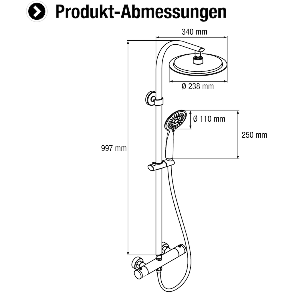 CORNAT Duschsystem »"Style"- verchromt - Mit Thermostatarmatur - Variabler Bohrlochabstand«, (Komplett-Set)