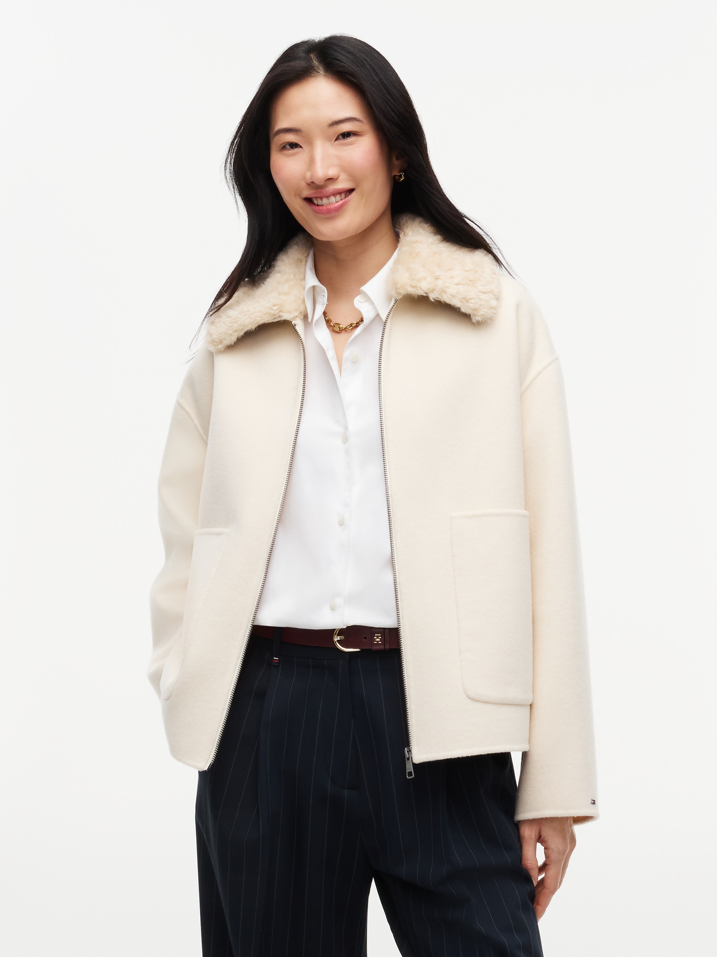 Tommy Hilfiger Kurzjacke »DF WOOL ZIP THROUGH JACKET« Materialmix, mit Wolle