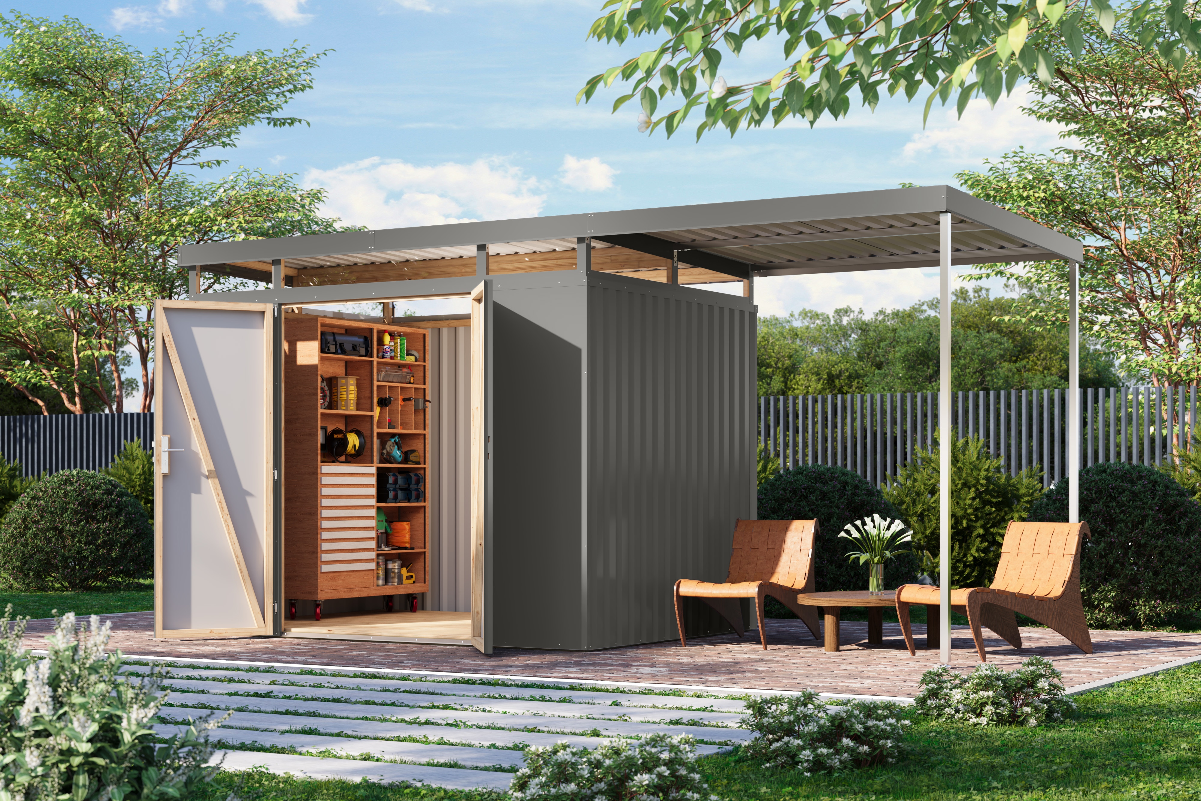 Karibu Gerätehaus "Titanium 3 SET mit Anbaudach" Made in Germany