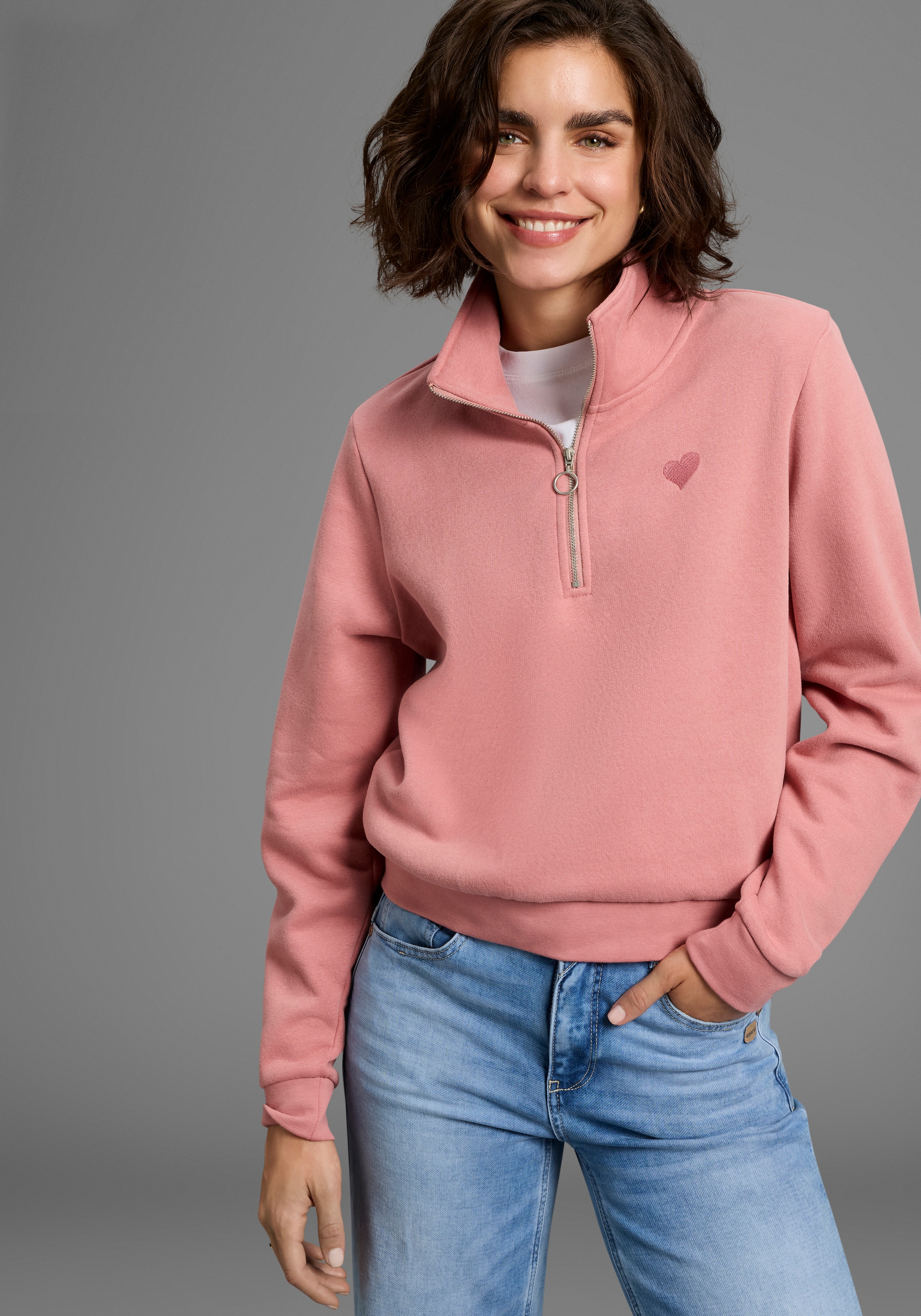 Laura Scott Sweater Weiche Baumwollmischung mit Troyer‑Kragen und Reißversc günstig online kaufen