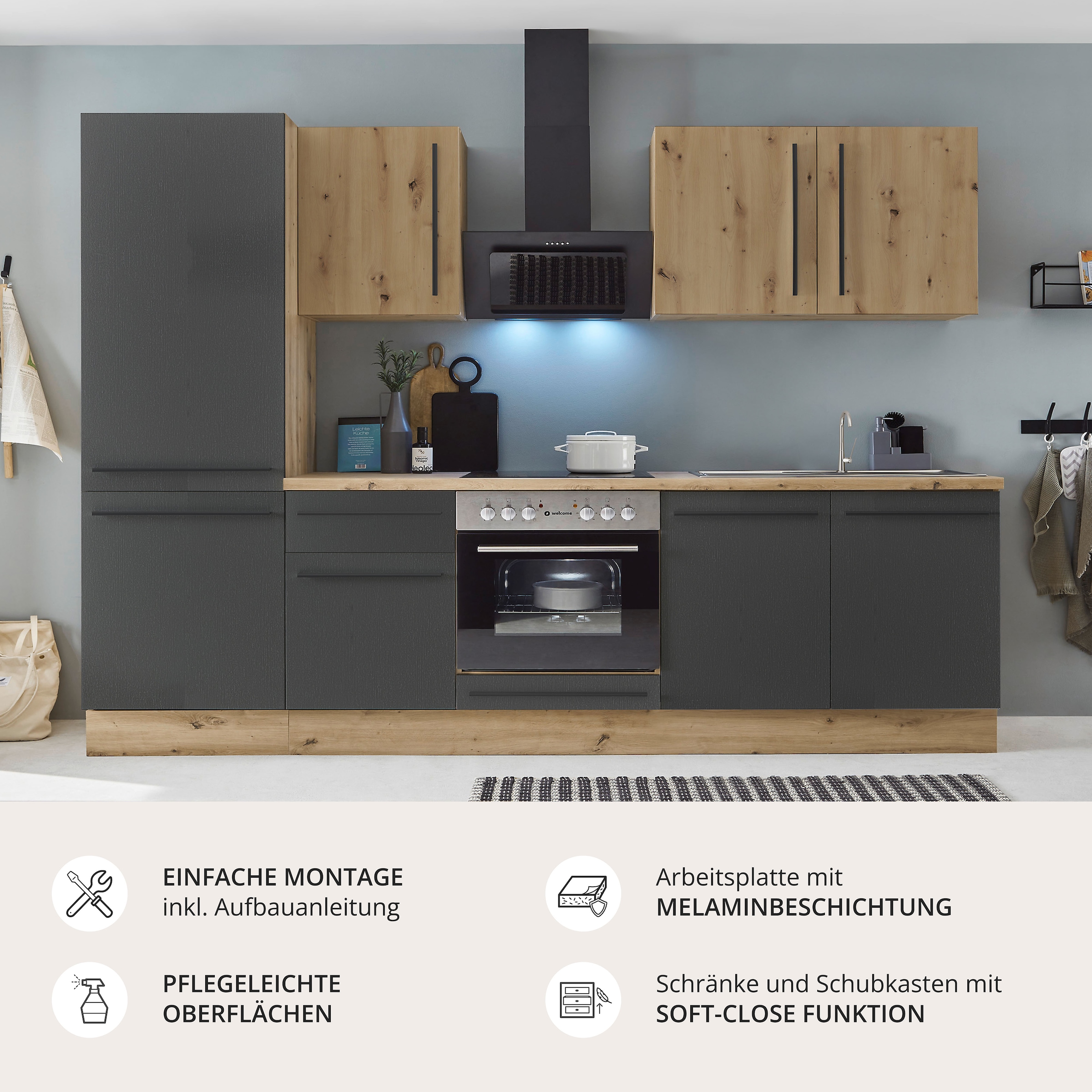 KOCHSTATION Küchenzeile »KS-Florida mit 38mm starker Arbeitsplatte« Breite 270 cm, wahlweise mit E-Geräten, Soft-Close-Funktion