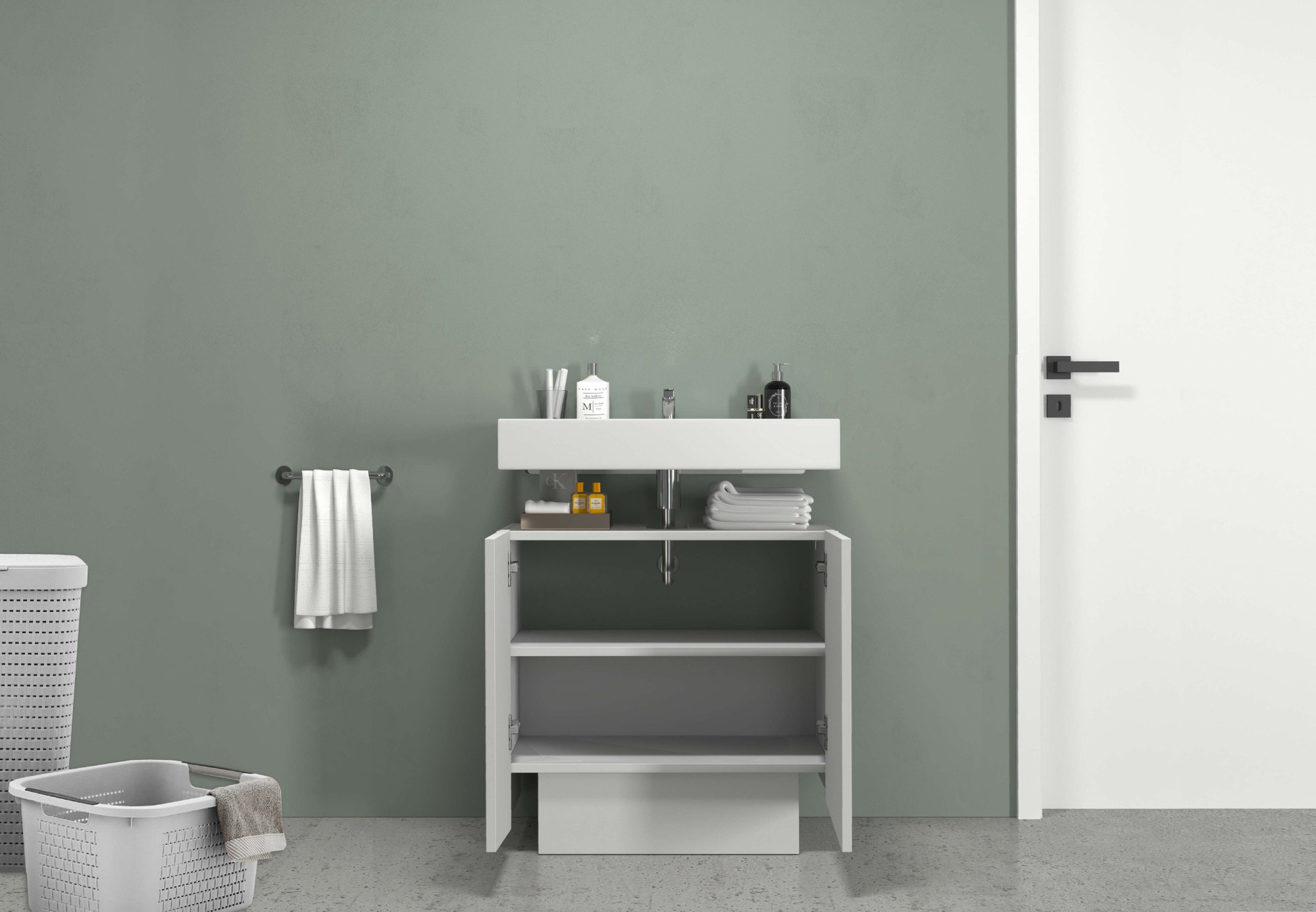 welltime Waschbeckenunterschrank »Vela,Breite 60cm, 2 Türen, 2 Fächer, mit Siphonausschnitt, lackiert« 1 Stk. tlg. Waschbeckenunterschrank,Waschtisch,Design mit schrägen Türen