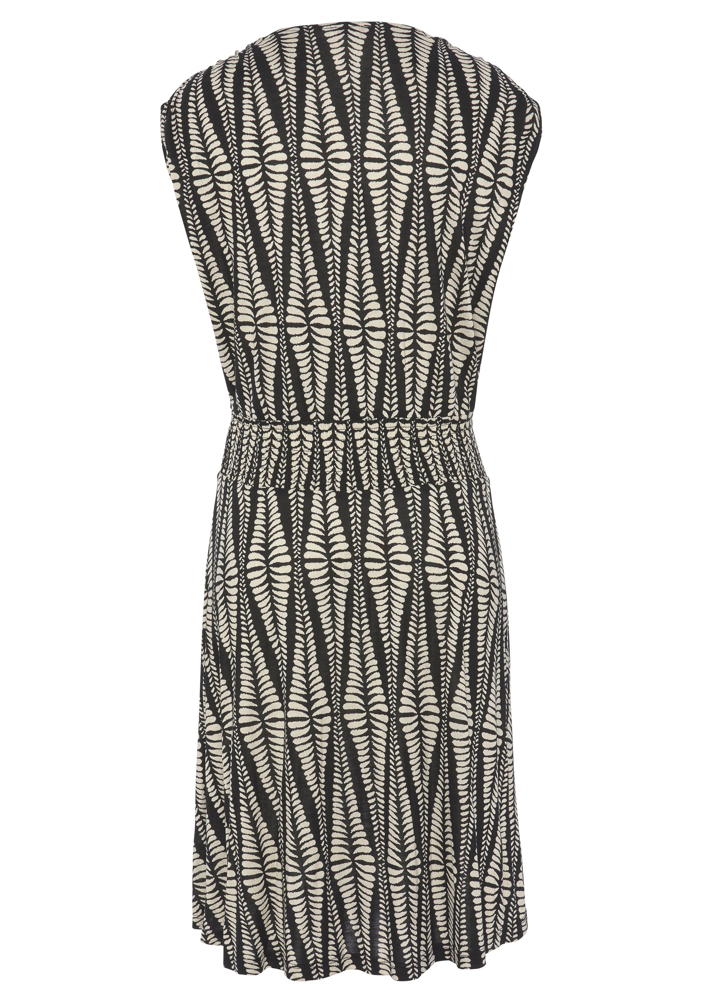 Jerseykleid LASCANA, Damen, Gr. 38, N-Gr, schwarz (schwarz, sand bedruckt), Jersey, Obermaterial: 100% Viskose, bedruckt, figurumspielend kniefrei, V-Ausschnitt, Kleider Jerseykleid, mit breitem Smokbund, kurzes Sommerkleid im Alloverprint, Strandkleid 3