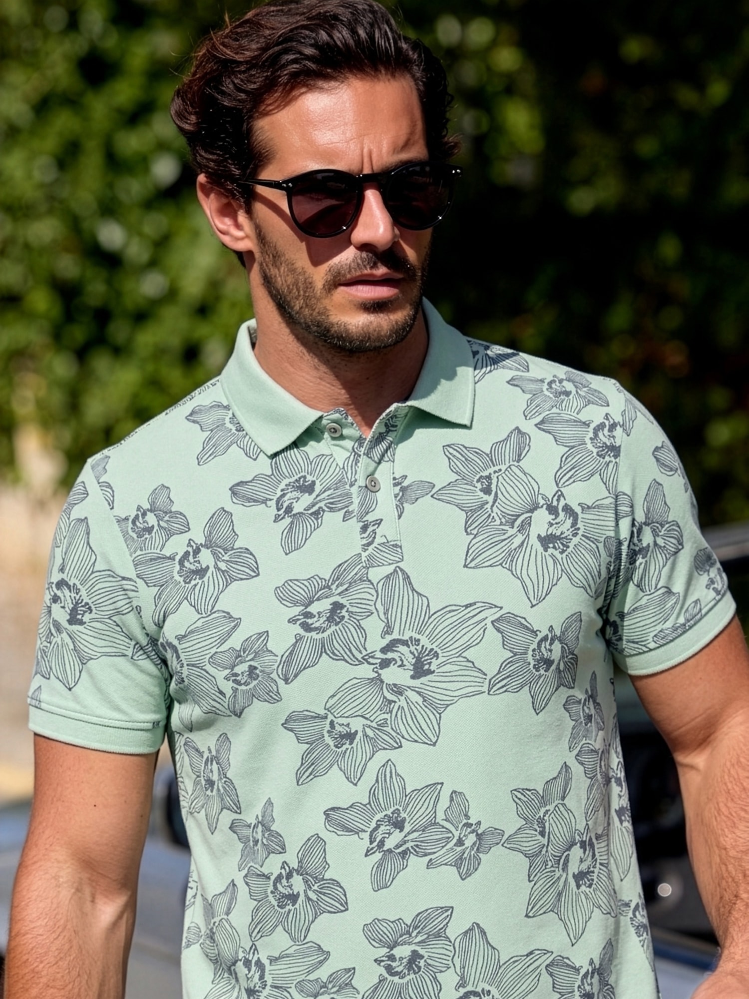 LERROS Poloshirt »Poloshirt mit floralem Allover-Print und Flachstrickkragen«
