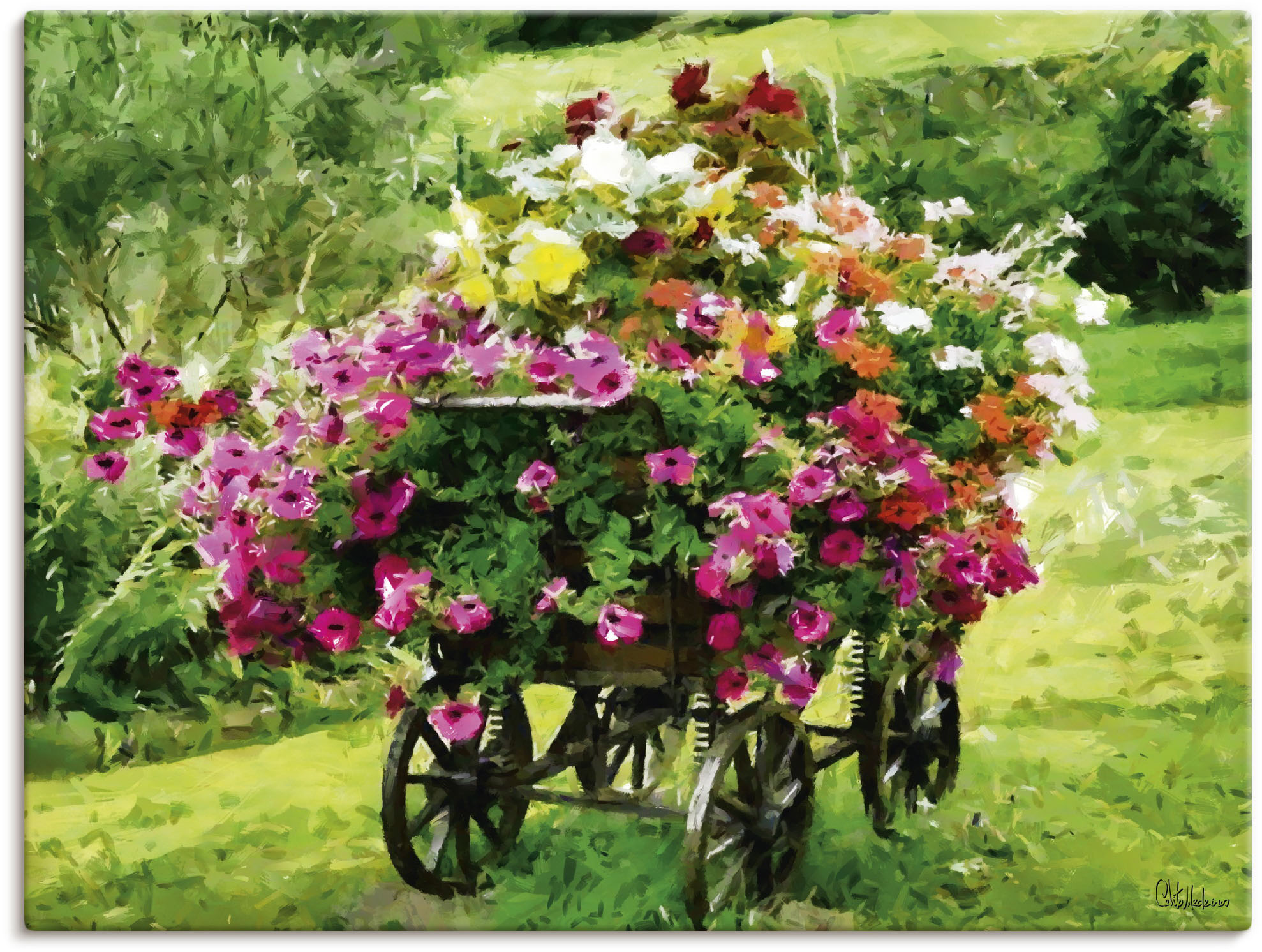Artland Leinwandbild "Kutsche mit Blumen" Blumenbilder 1 Stk. tlg. auf Holzrahmen gespannt