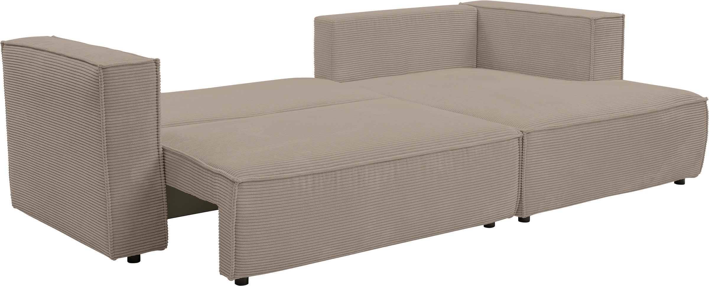 WERK2 Ecksofa »Atlanta, moderne Designsprache, Stellmaße 280x147cm, L-Form, Kedernaht«, hoher Komfort, Schlaffunktion & Bettkasten, Cord, Greige
