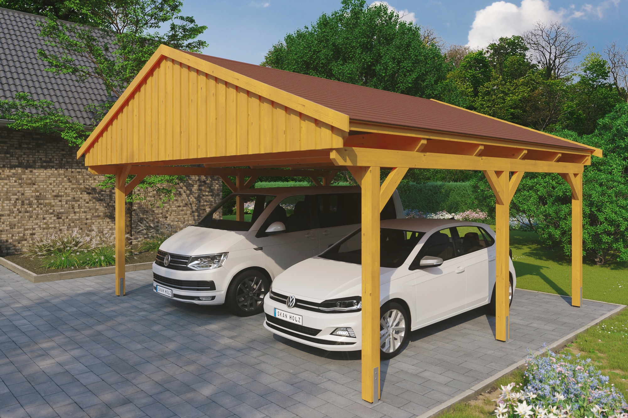 Skanholz Doppelcarport "Fichtelberg" Leimholz hellbraun mit roten Schindeln