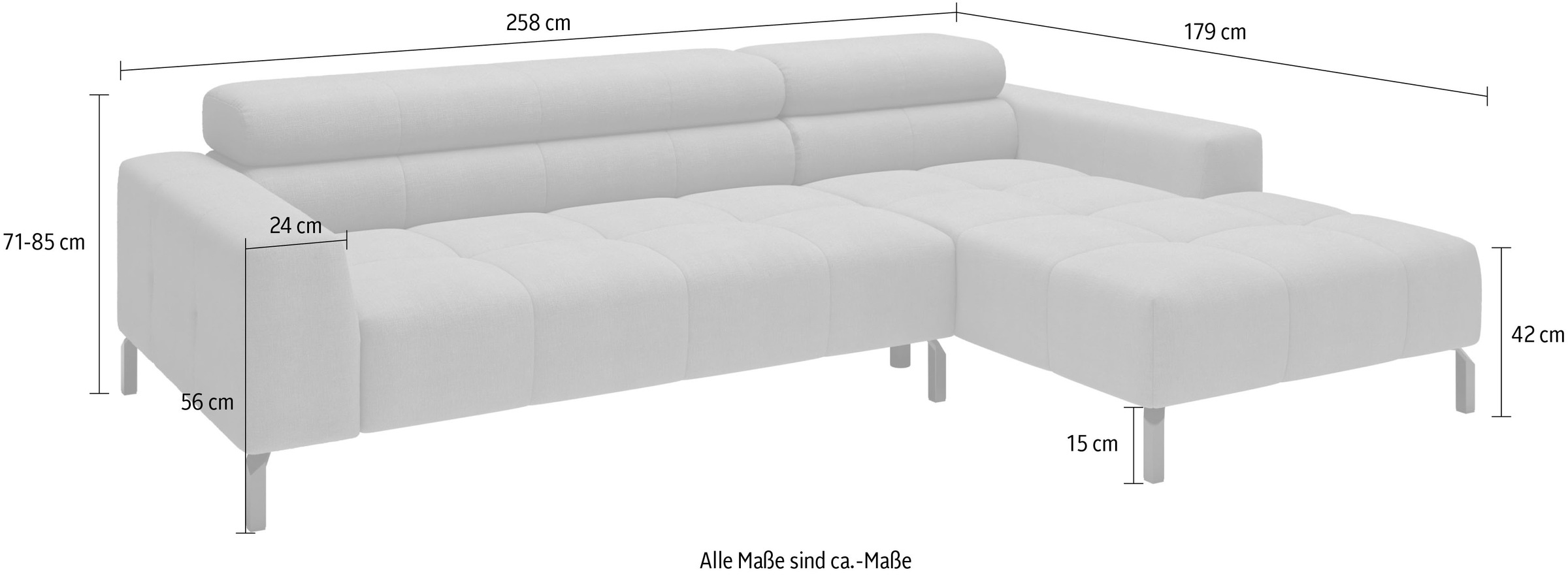 Home affaire Ecksofa »Ecksofa Claya, L-Form, Kopfteilverstellung, Breite 258 cm«, Moderne Steppung, weicher Polsteraufbau & saugroboterfreundliche Höhe