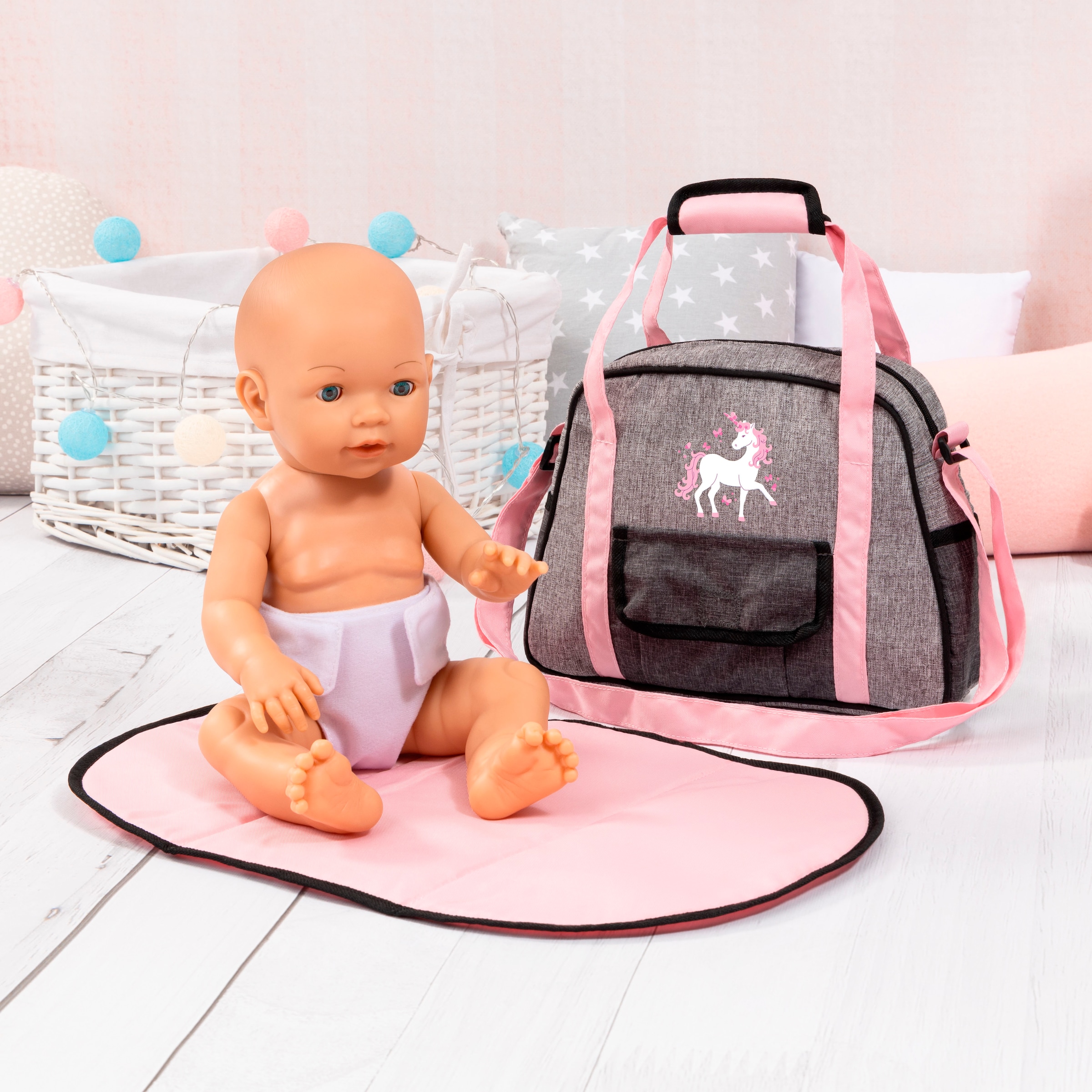 Bayer Puppen Wickeltasche »grau/rosa Einhorn«