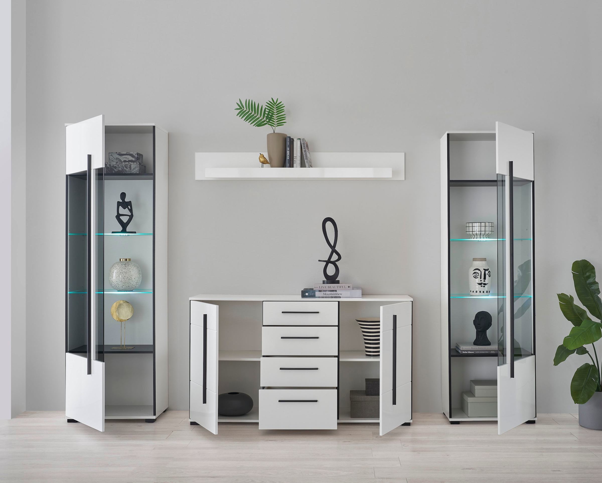 INOSIGN Wohnwand »Cantara, moderne Anbauwand, Wohnzimmer-Set, in Eiche Evoke oder Weiß«, (Set), enthält zwei Vitrinen, ein Sideboard und ein Wandboard