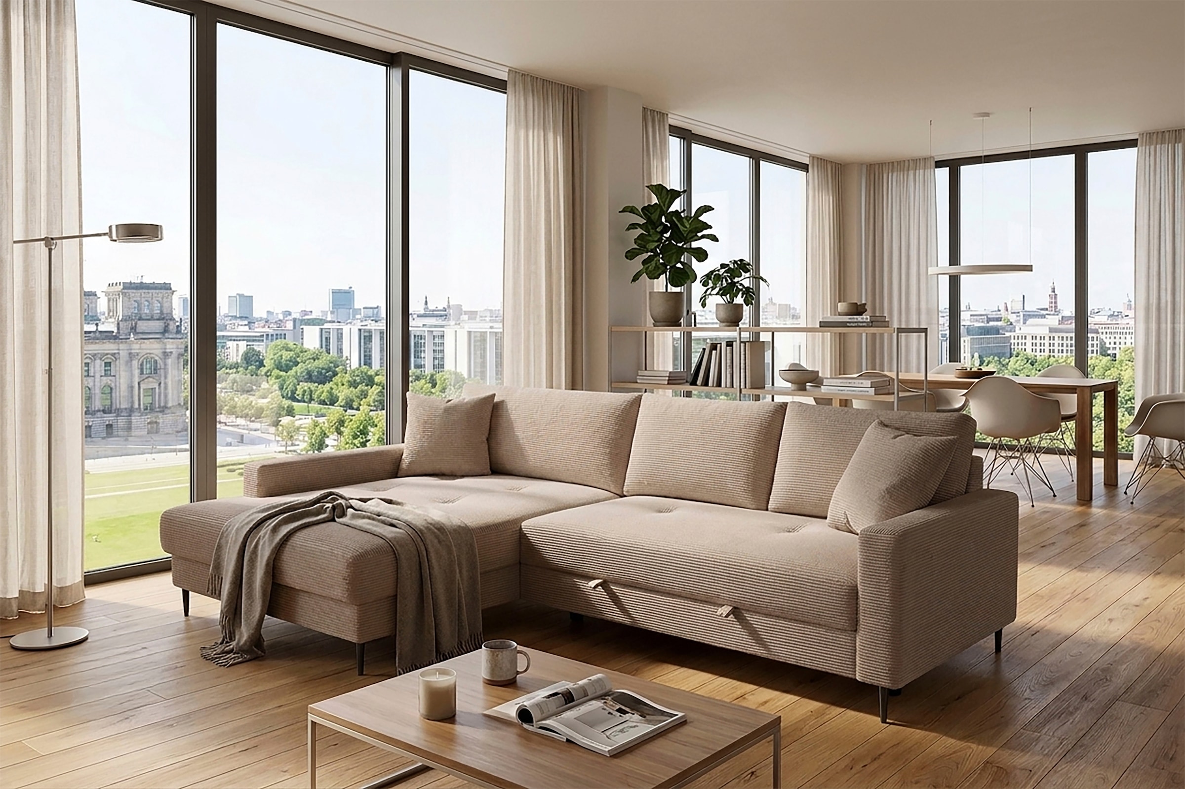 Trends by HG Ecksofa "Summer L-Form, B: 284 cm, Schlaffunktion, 2 Zierkissen" optional mit Kopfstützen, Wellenfederung, frei stellbar