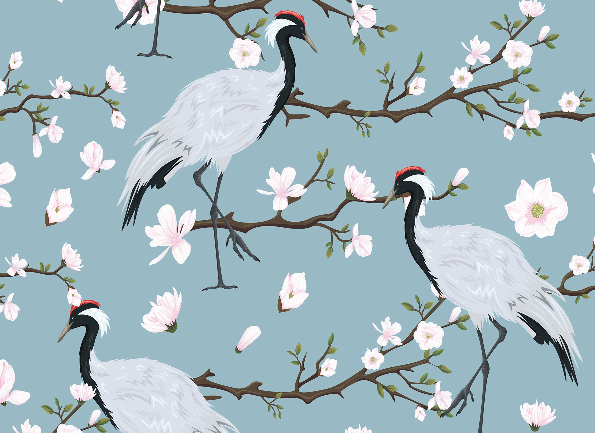 Fototapete LIVING WALLS "Designwalls Japanese Cranes", bunt (blau, grau, rosa), B:3,5m L:2,55m, Vlies, Tapeten, Vlies, Wand, Schräge, Decke