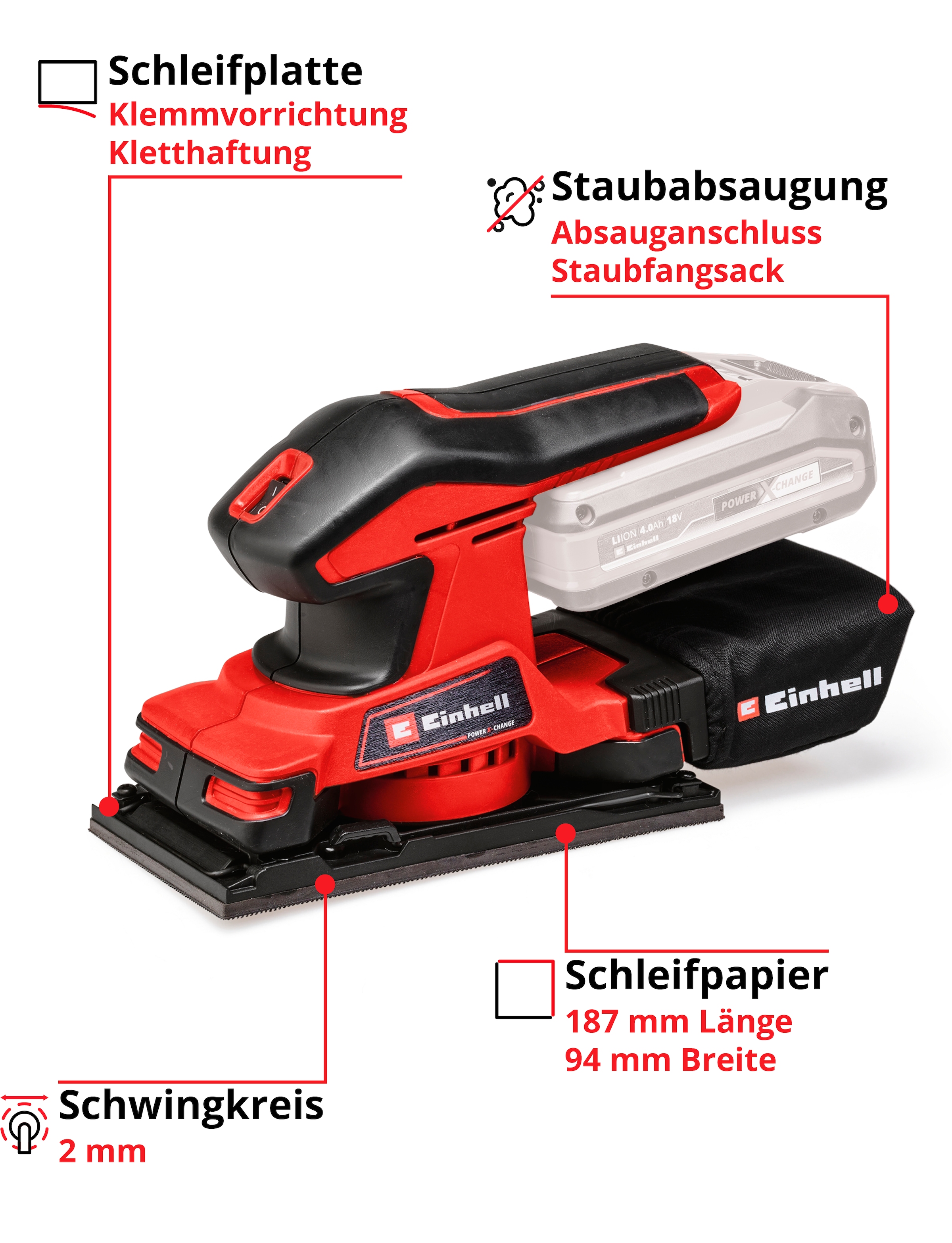 Einhell Schwingschleifer »Akku-Schwingschleifer TC-OS 18/187 Li Solo«, (2 tlg.), ohne Akku und Ladegerät