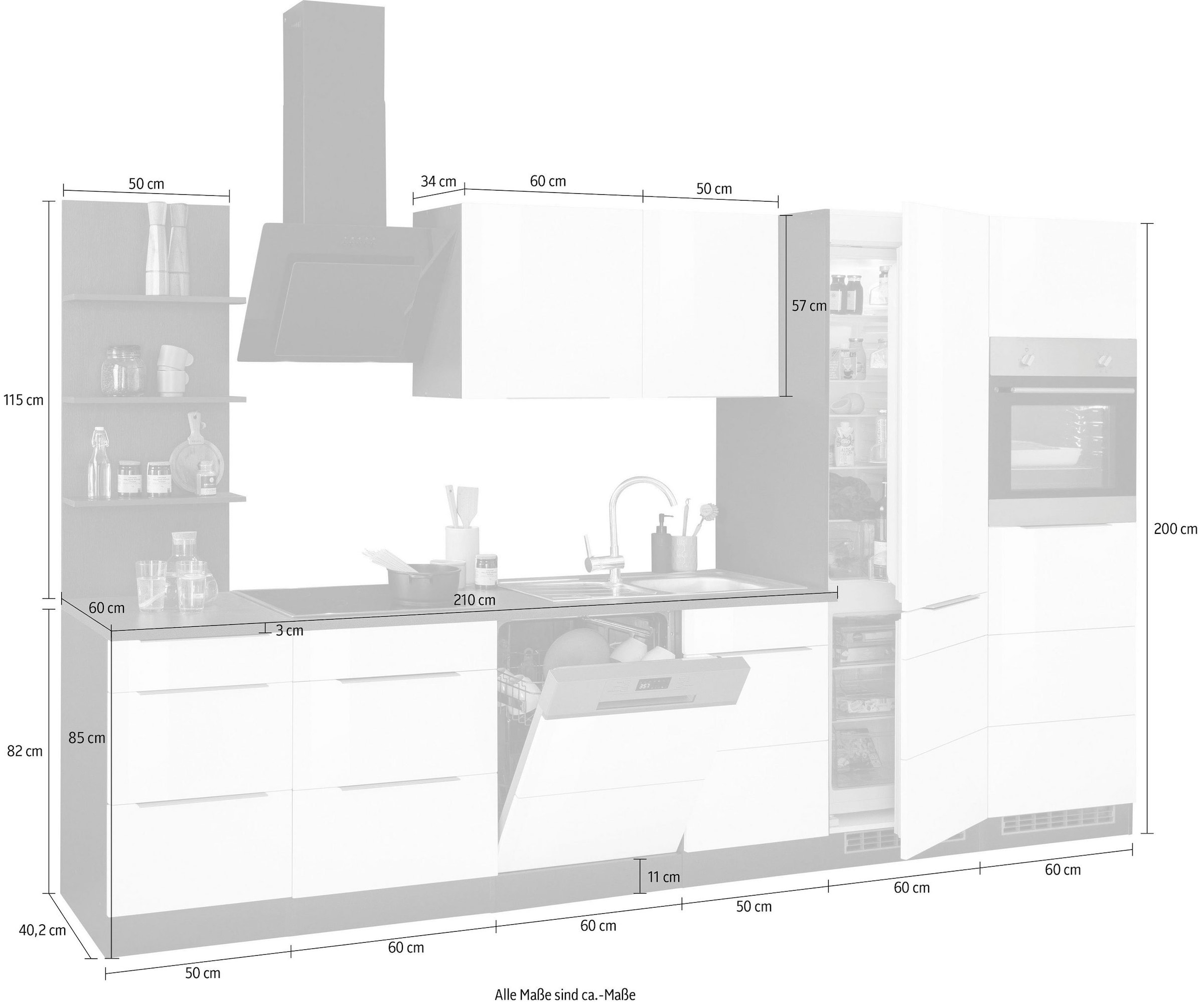 KOCHSTATION Küchenzeile »KS-Brindisi Breite 340 cm« wahlweise mit E-Geräten und Induktion, mit MDF-Fronten und Regal