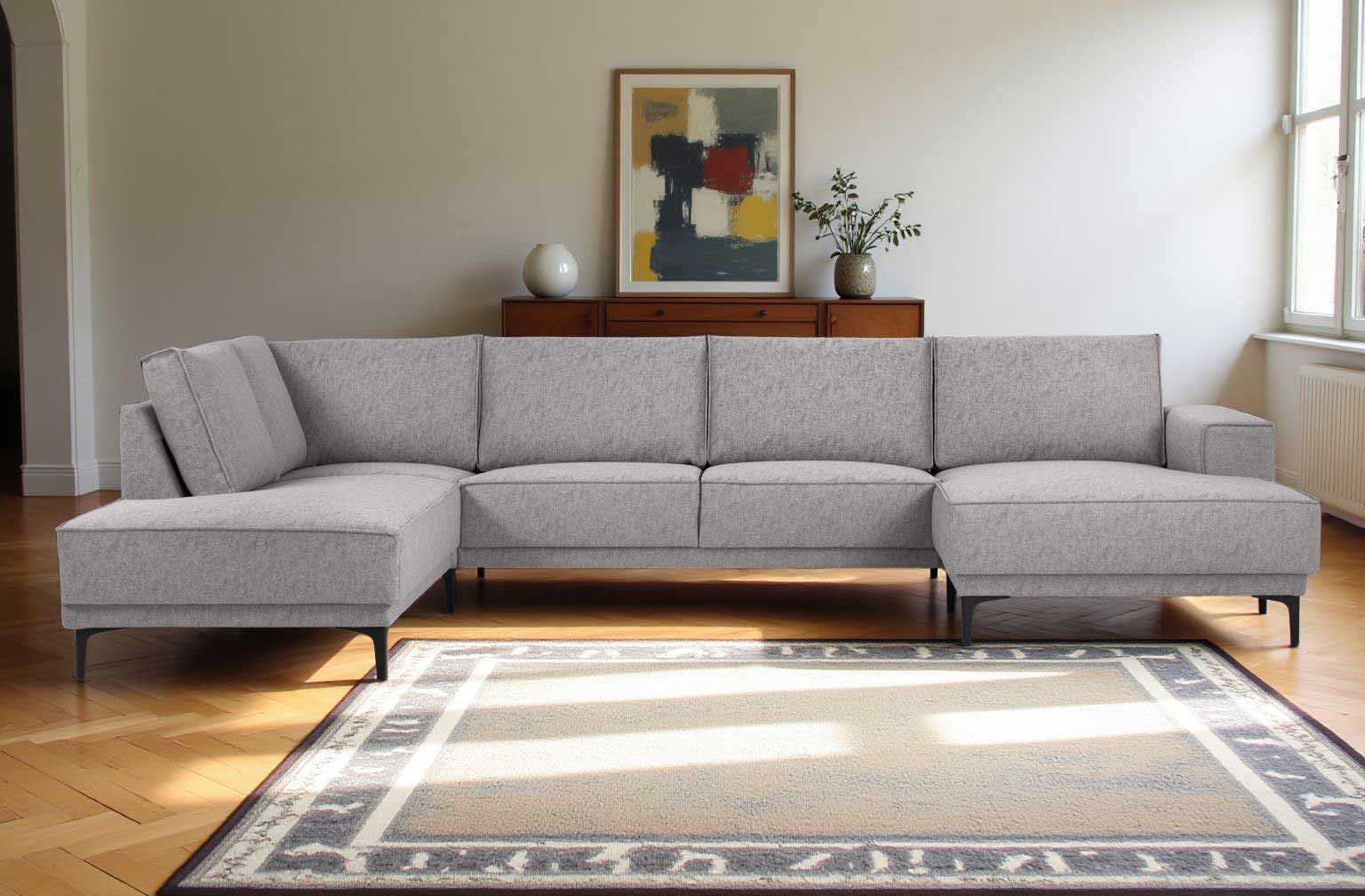 Places of Style Wohnlandschaft »XXL Sofa Oland, Struktur, Flachgewebe, Luxus-Microfaser, Boucle«, U-Form, 345 cm, Wellenunterfederung, Skandi-Design, Metallfüße