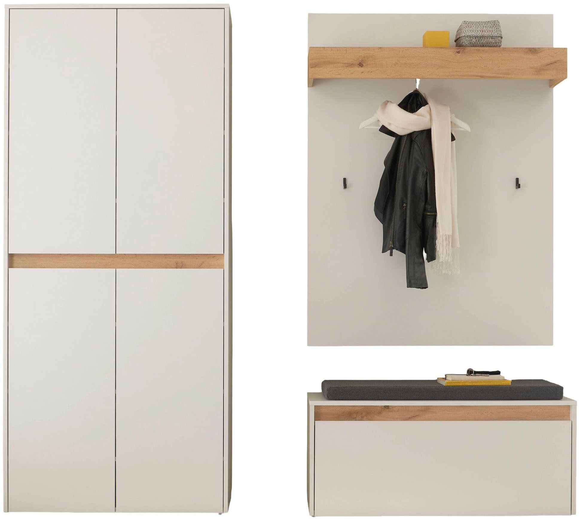 INOSIGN Garderoben-Set »City/Giron, moderne Garderobe, viel Stauraum, ca. 40 Schuhe«, (Set, 3 St.), enthält Schuhschrank, Garderobenpaneel & Garderobenbank mit Sitzkissen