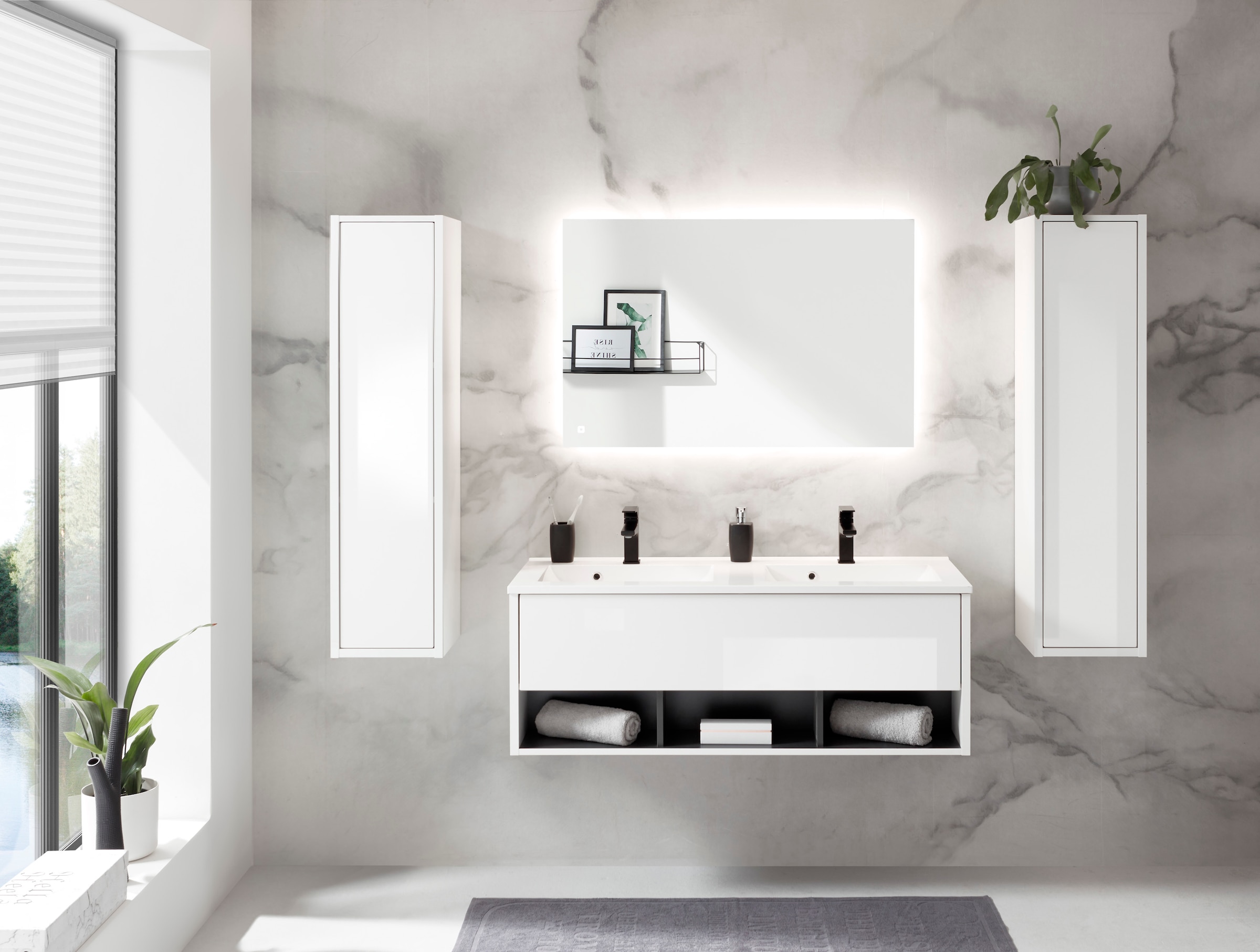 Places of Style Badmöbel-Set »Studio Line, Bad im modernen Design, 4-teiliges Badezimmer«, (4 St.), Schrank, Waschtisch und Spiegel, in zwei Farben verfügbar, Stauraum