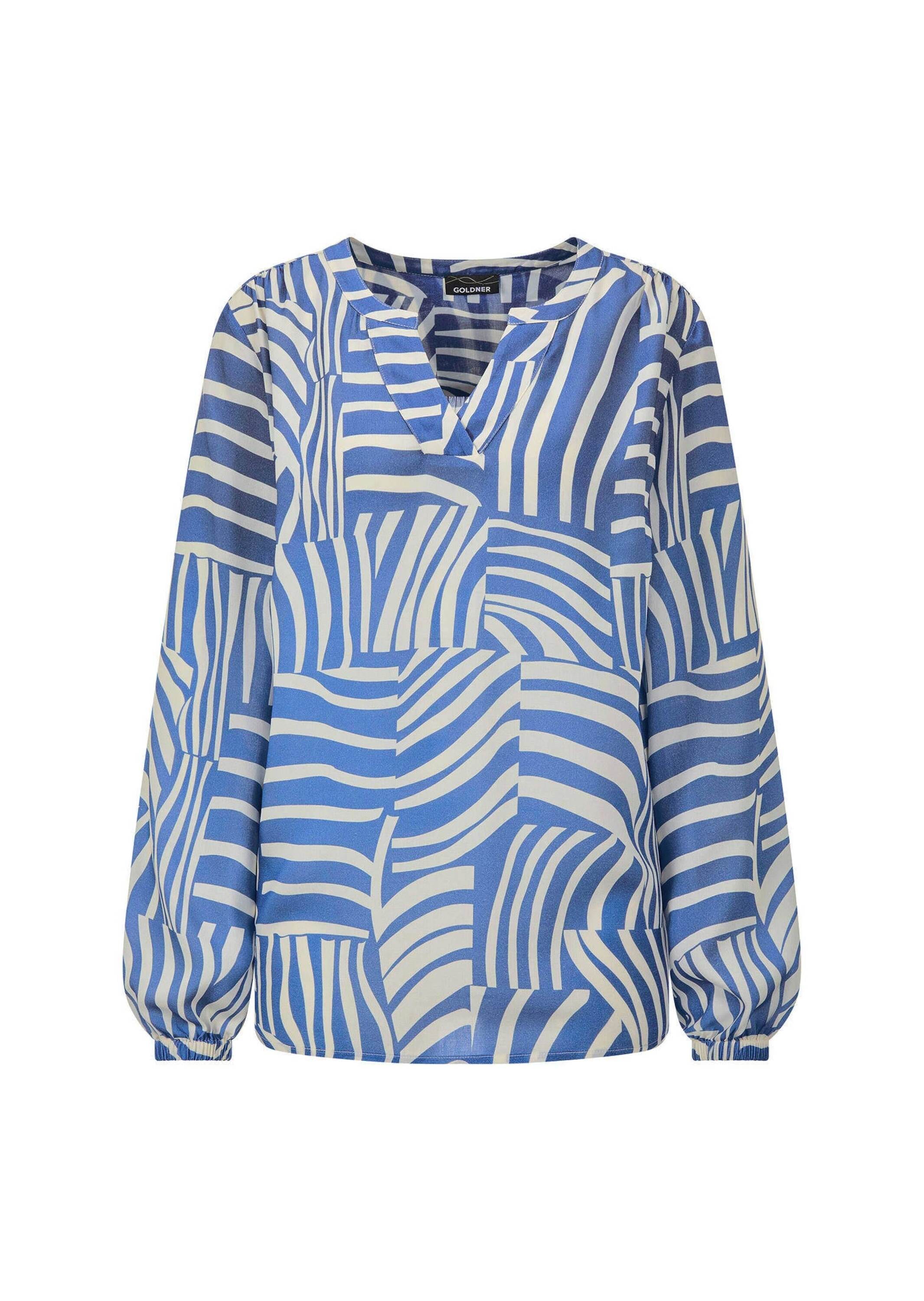 Schlupfbluse GOLDNER "Grafische Viskosebluse mit Schlitz", Damen, Gr. 54, blau (blau, gemustert), Obermaterial: 100% Viskose CV., figurumspielend, Blusen Schlupfbluse, Gummibündchen am Armabschluss