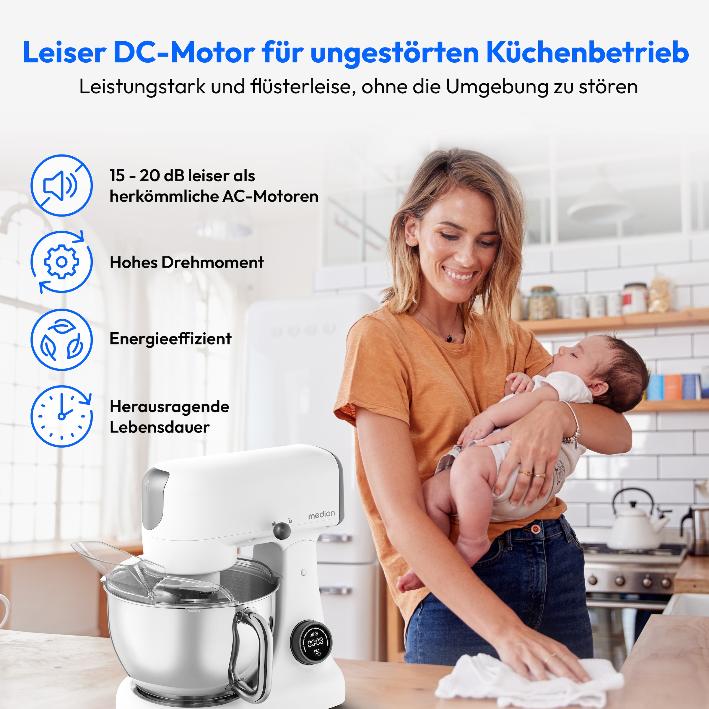 Medion® Küchenmaschine »MD 12600, 8 Geschwindigkeitsstufen, Impulsfunktion, DC-Motor, 4,6 L«, Mit umfangreichem Zubehör-Set, Fleischwolf-Aufsatz, Gemüsereibe