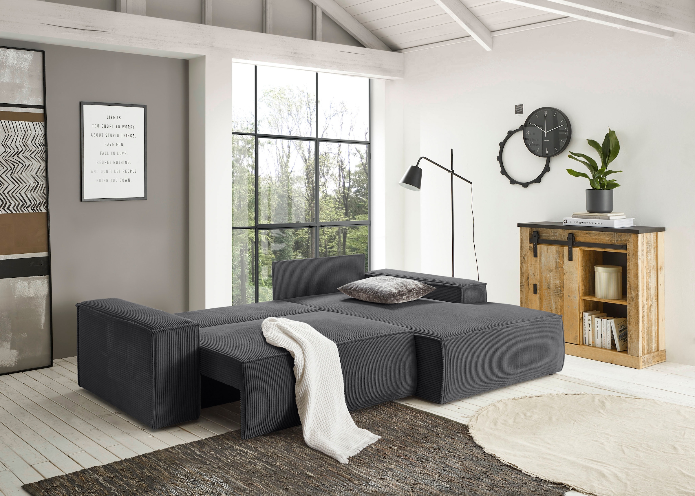 OTTO home Ecksofa »SHERWOOD L-Form, 267 cm - OTTO. Verlässliche Qualität.« Schlaffunktion mit Bettkasten (210x136 cm), Cord, Vintage, Samtvelours