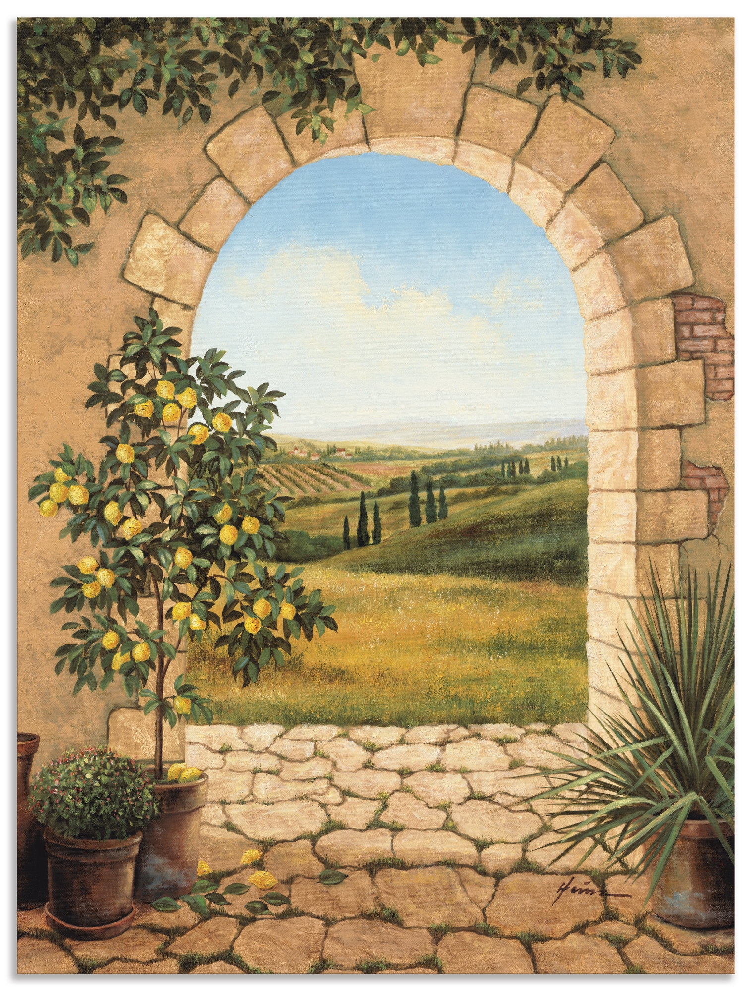 Artland Wandbild »Zitronenbaum vorm St.), oder | Größen BAUR in Fensterblick, (1 Leinwandbild, bestellen Torbogen«, Wandaufkleber Poster Alubild, versch. als