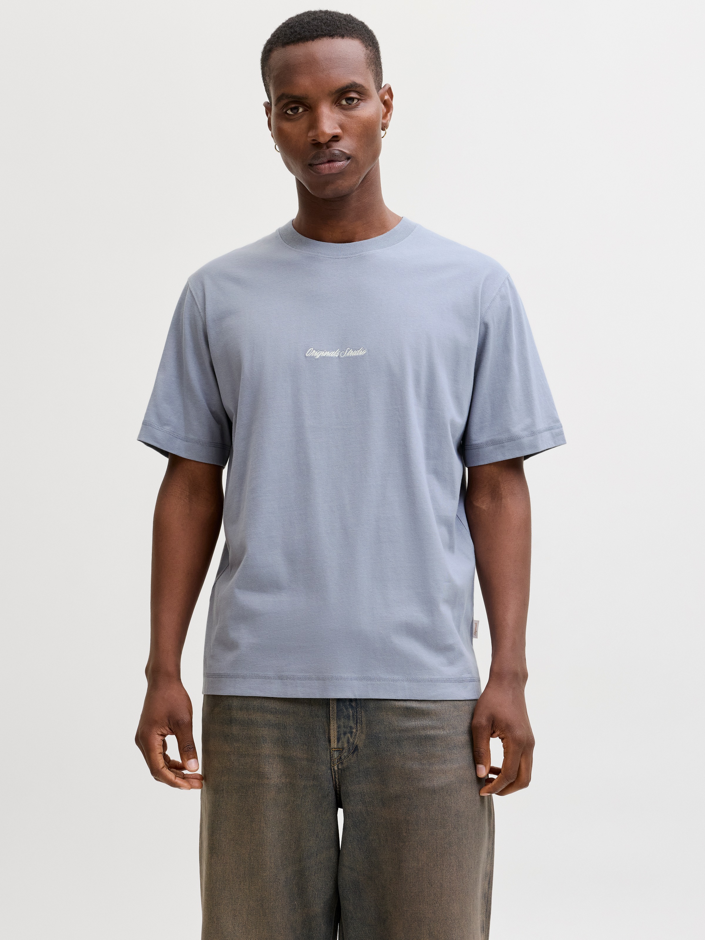 Kurzarmshirt JACK & JONES "JORNORREBRO EMB TEE SS CREW NECK NOOS", Herren, Gr. XL, tradewinds, Jersey, Obermaterial: 100% Baumwolle, unifarben, relaxed fit normal, Rundhals, gerader Abschluss, Shirts, mit Logo Print