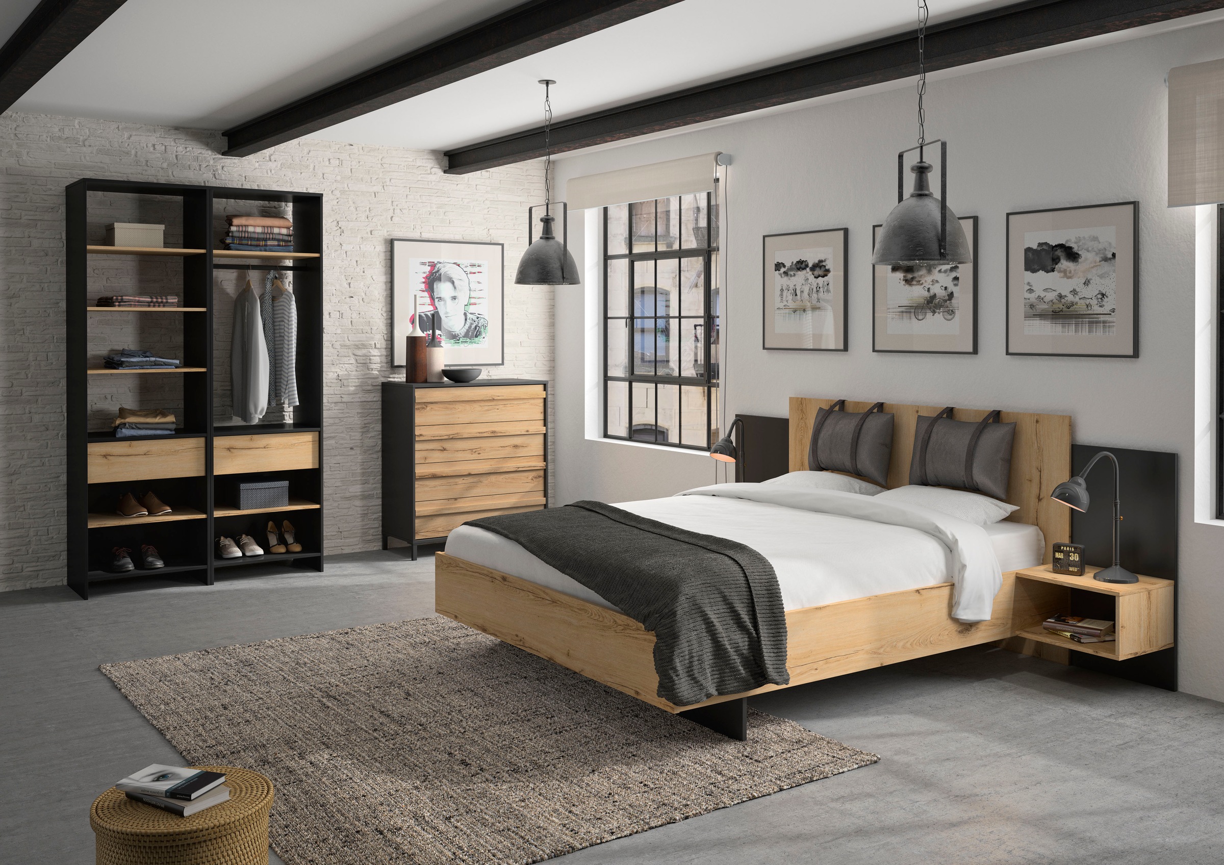 Gami Schlafzimmer-Set »Mimizan«, (6 tlg., Bett, 2 Kissen und inkl. 2x Nachttische, 1x Kleiderschrank, 1x Kommode)