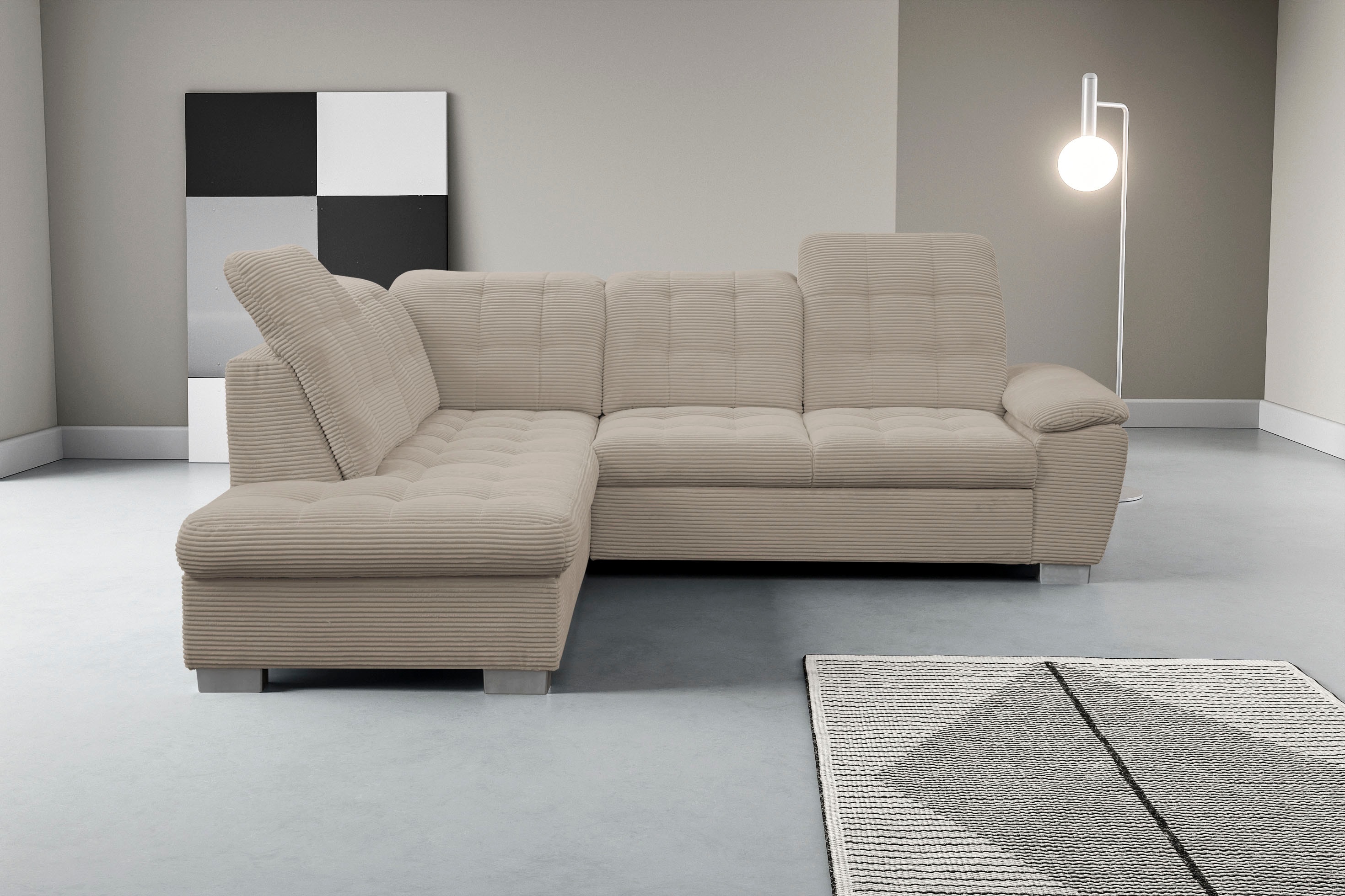 WERK2 Ecksofa "Bonny 265 x 215 cm inkl. Kopfteilverstellung modern und bequem" Cord, L-Form, Schlaffunktion, Bettkasten