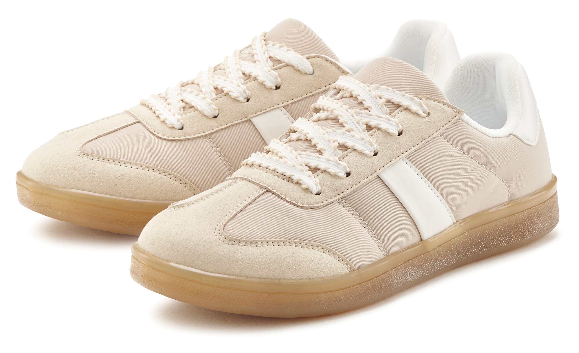 Sneaker LASCANA "Schnürschuh, Halbschuh, Freizeitschuh", Damen, Gr. 36, beige (beige, weiß), Obermaterial: 50% Lederimitat, 50% Textilmaterial. Decksohle: 100% Textilmaterial. Futter: 100% Textilmaterial. Laufsohle: 100% Synthetik, unifarben, Basic, Schuh