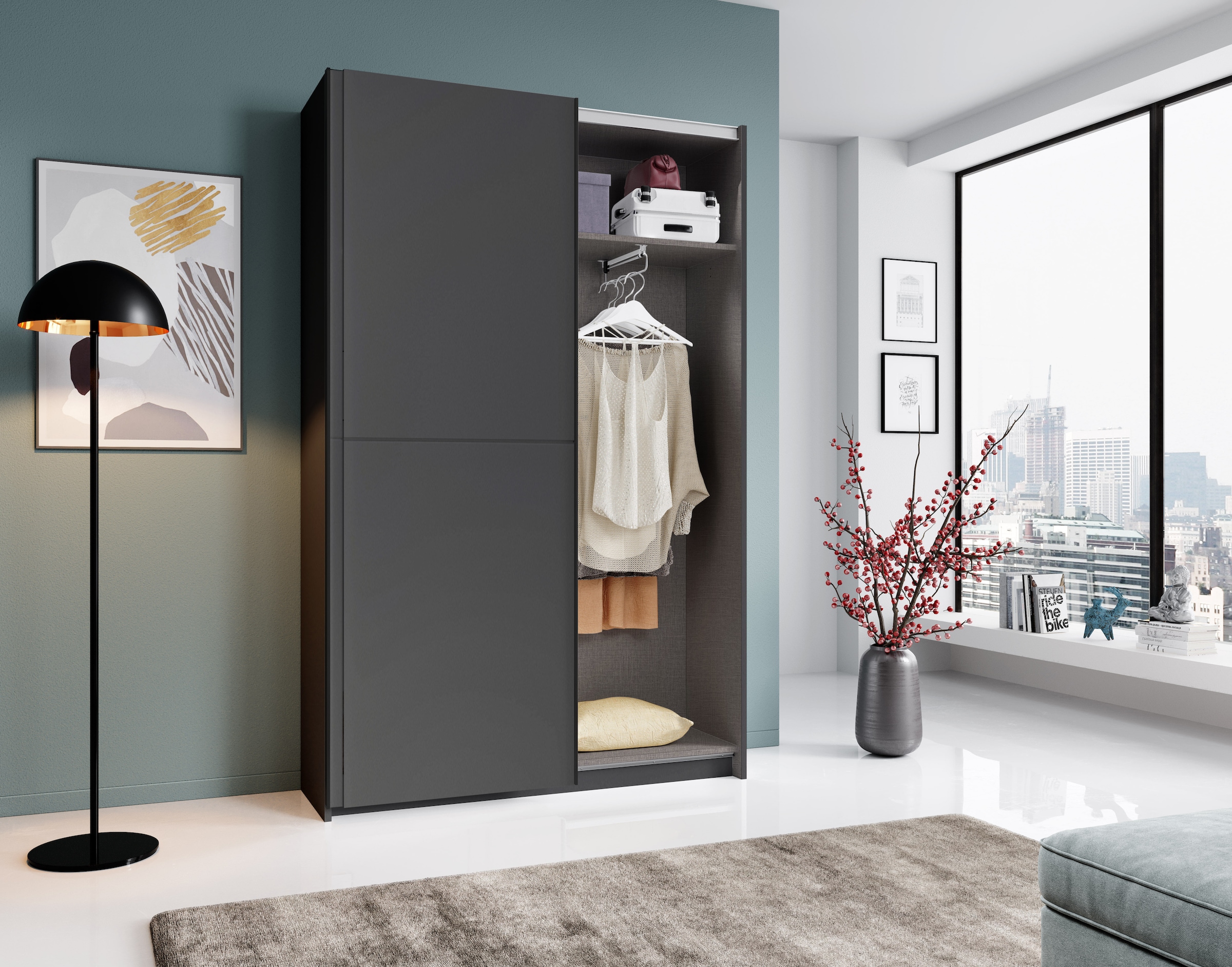 Schlafkontor Schwebetürenschrank »Heimo/Fast Schrank Kleiderschrank Garderobe«, geringe Tiefe, ausziehbarer Kleiderstange, Garderobenschrank, 6 Böden