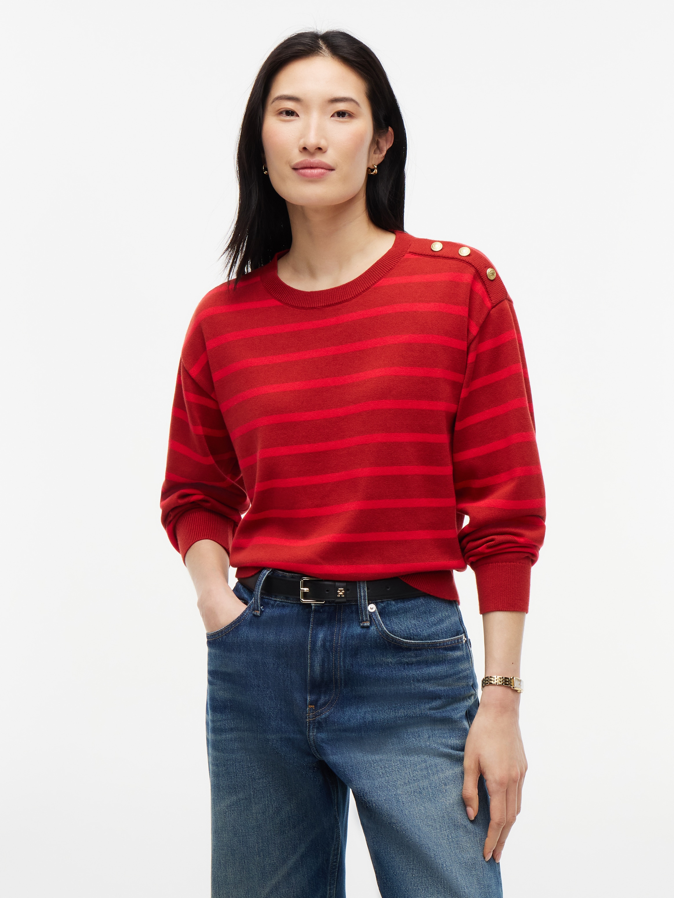 Tommy Hilfiger Strickpullover "STRIPED SCRIPT LOGO SWEATER LS" Baumwolle, goldfarbene Zierknöpfe