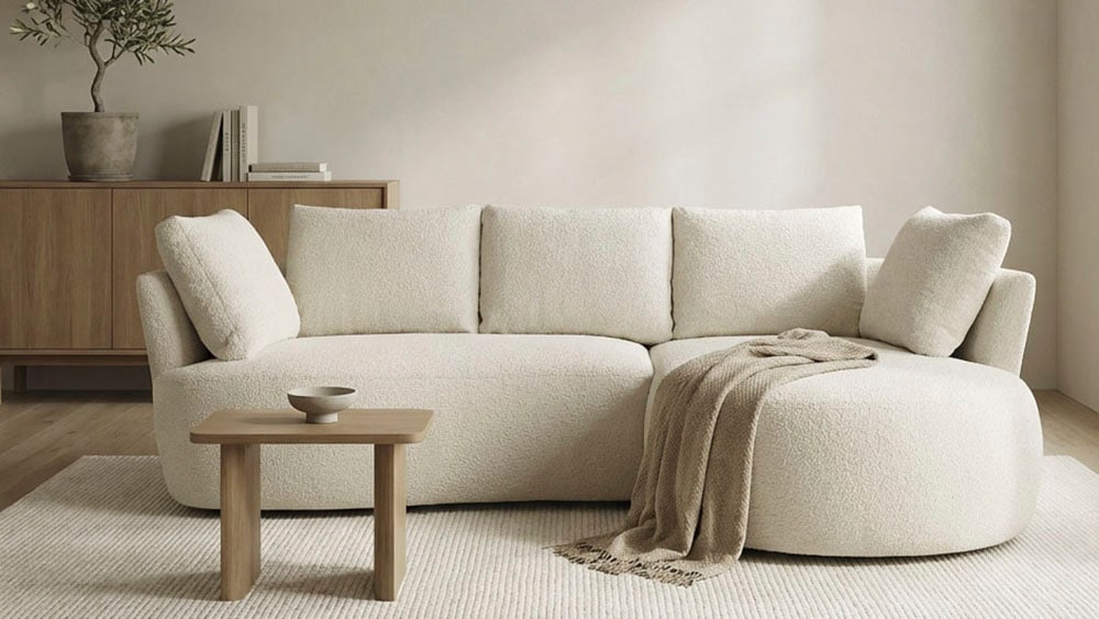 DOMO collection Ecksofa "Lumin, B/T: 267/170 cm, abgerunde Form, charmantes Design, cozy chic" Mit Federkern und 5 Rückenkissen ausgestattet