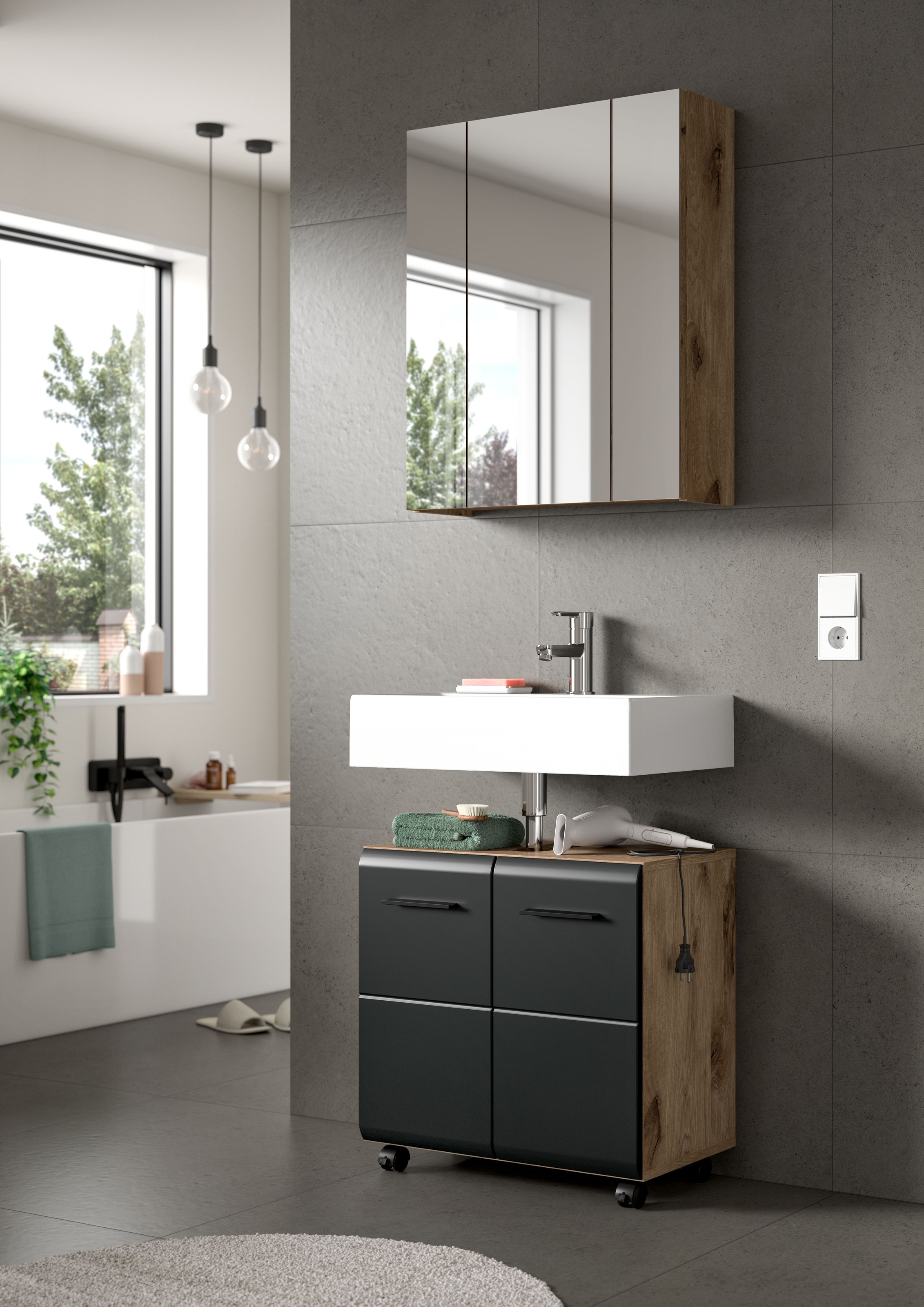 welltime Waschbeckenunterschrank »FLORENZ,  Breite 60cm, inkl. Siphonausschnitt, mit Türen oder Schüben« TOPSELLER!,  hochwertige MDF Front, Griff schwarz, Badschrank, Bad