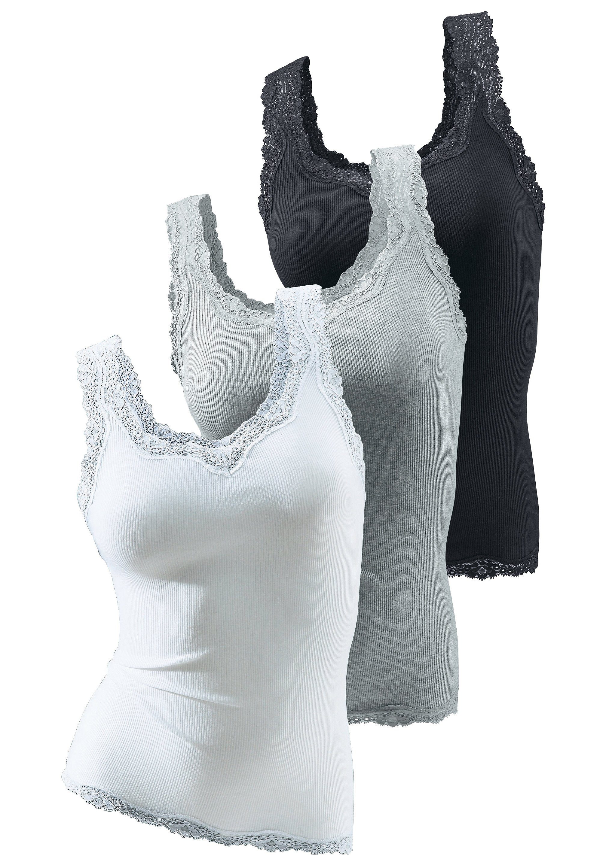 H.I.S Tanktop "mit Spitze" 3er-Pack, aus reiner Baumwolle, Feinripp, sommerlich leicht